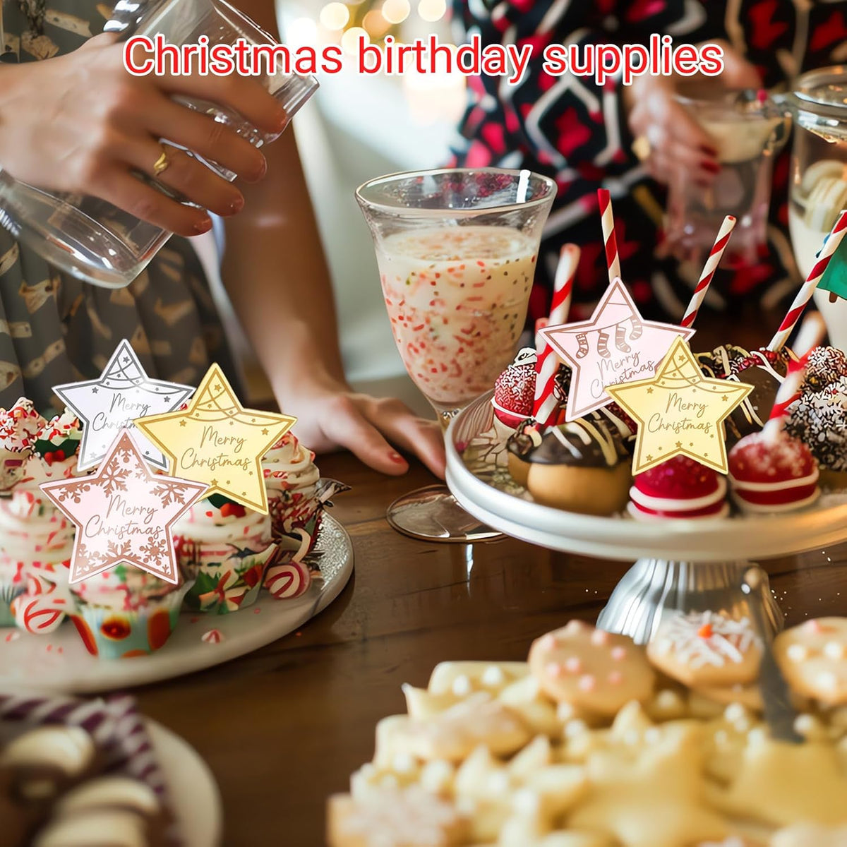 36 Pcs Merry Christmas Acrylic Cupcake Toppers Acrylic Mirror Star Xmas cupcake picks New year
