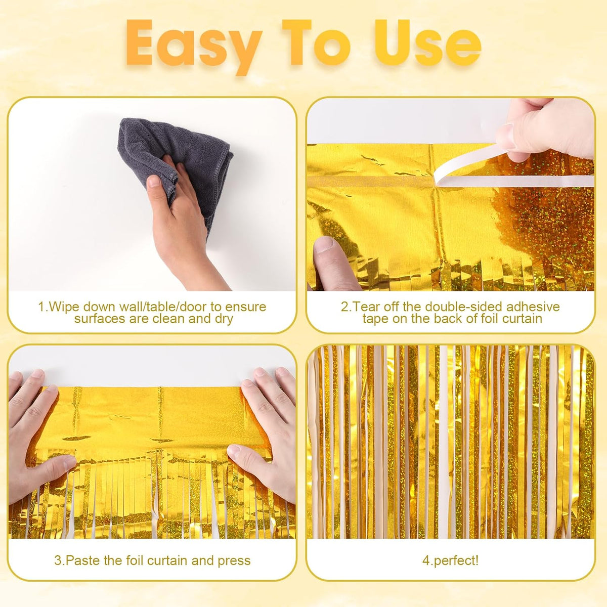 2 Pack Laser Gold Tinsel Foil Fringe Curtains, Gold Party Decorations, Metallic Tinsel Party