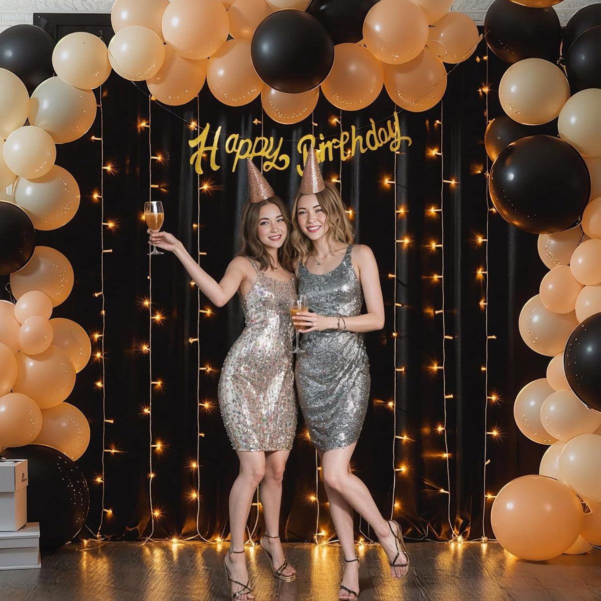 Black Backdrop Curtain with Lights String for Parties,10x10FT Wrinkle Free Black Drapes Wedding