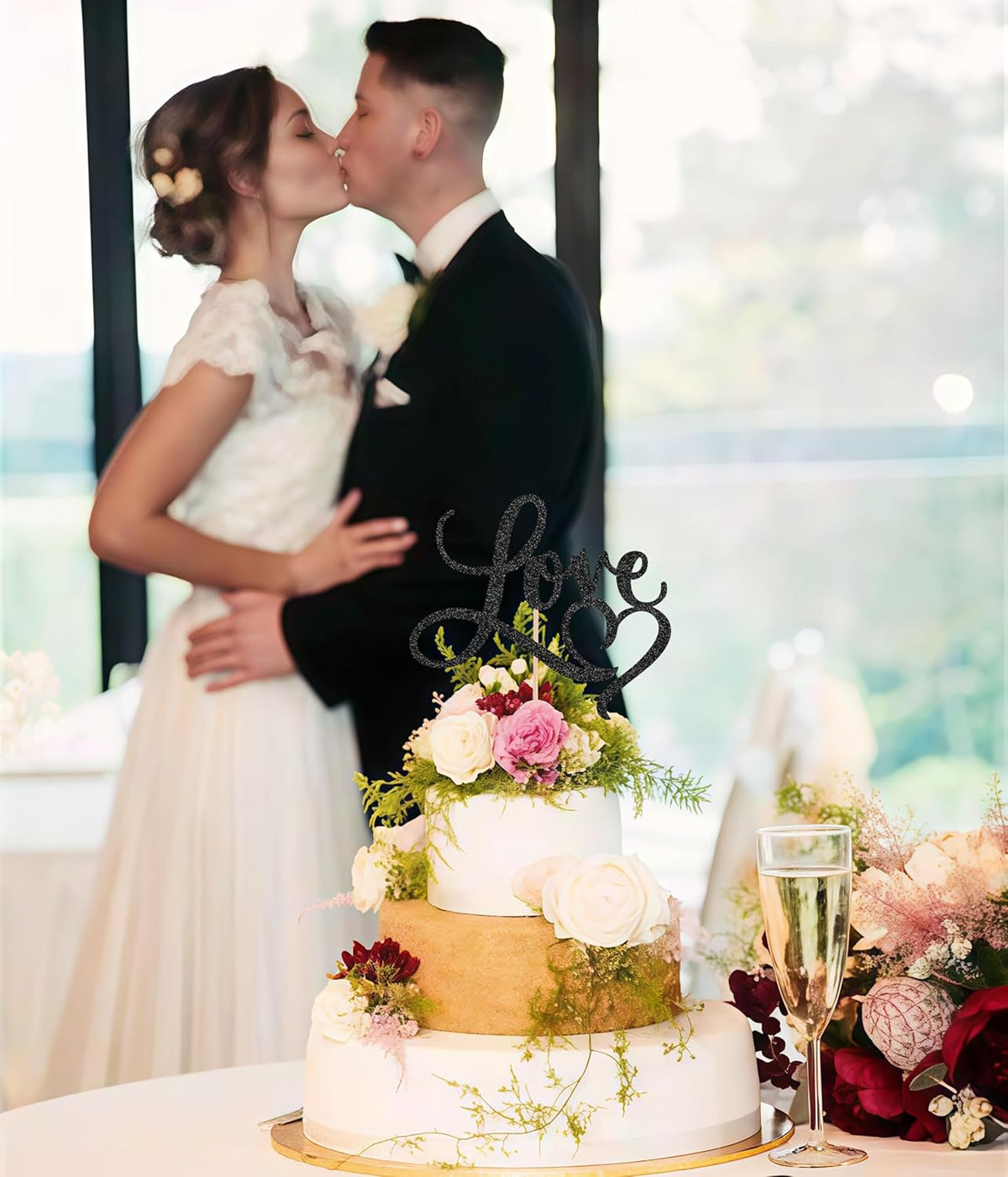Love Cake Topper - Black Glitter Paper Wedding Cake Decoration Supplies, Perfect for Bridal