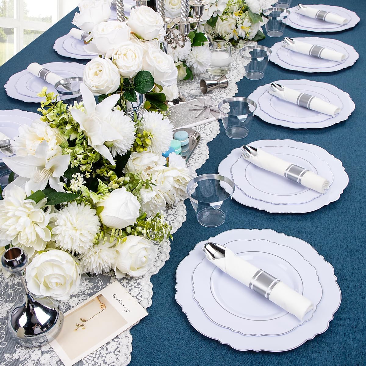 Liacere 350PCS Silver Plastic Plates-Disposable White and Silver Plates 50guest Baroque Plastic