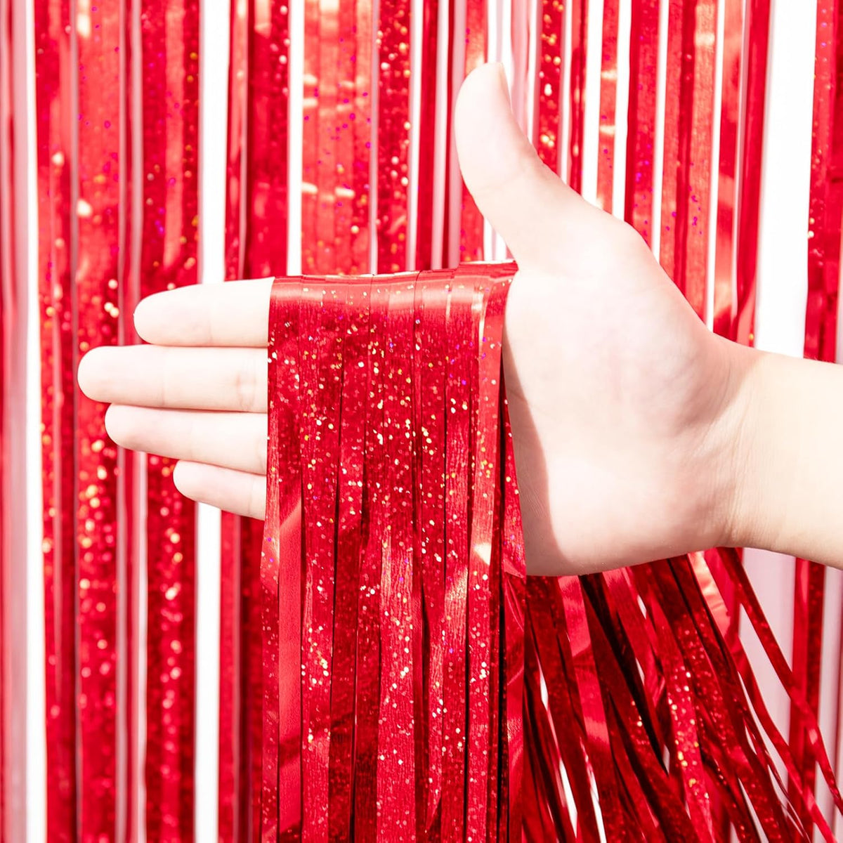 2 Pack Red Tinsel Foil Fringe Curtains, Red Party Decorations, Metallic Tinsel Party Streamers
