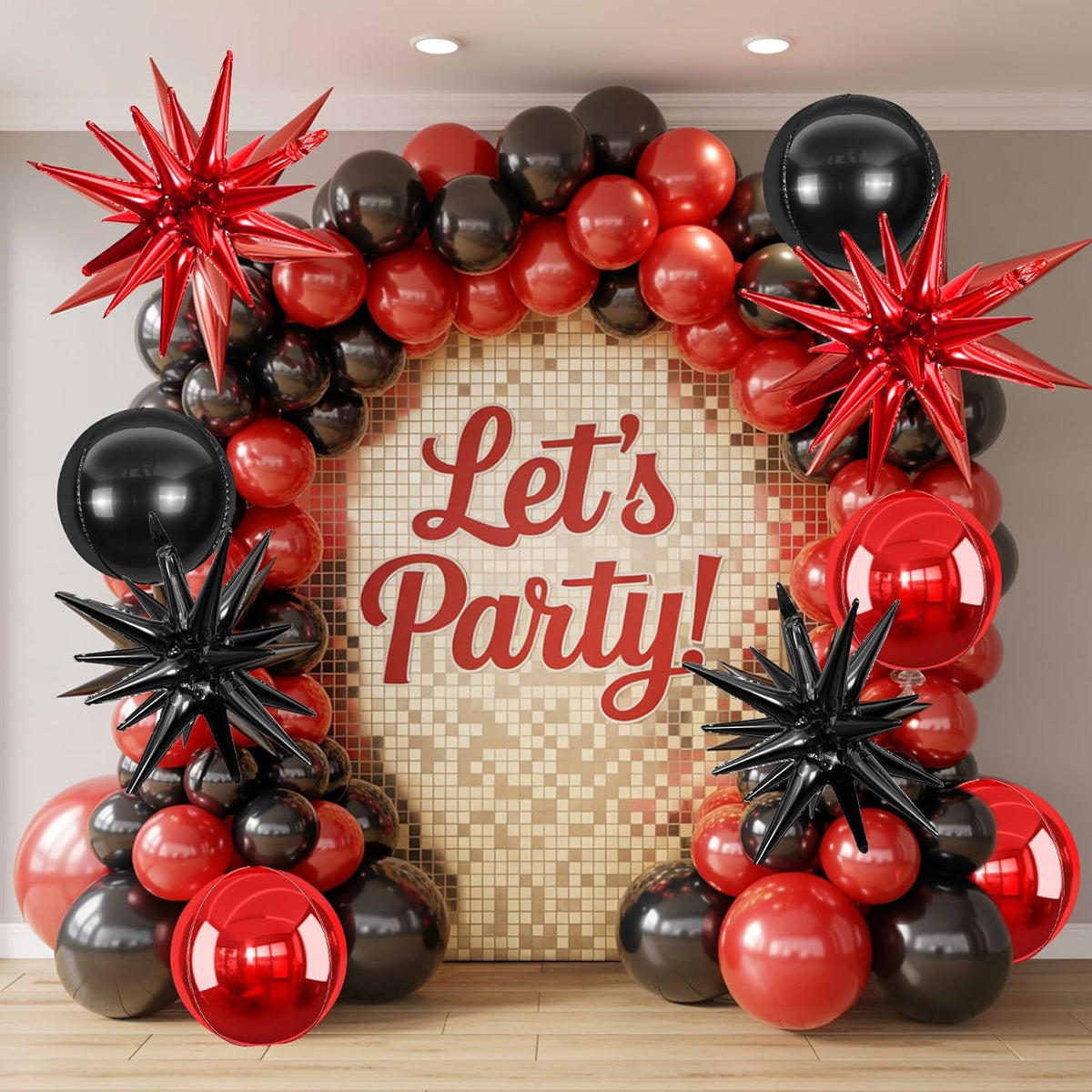 6Pcs Black Red Foil Balloons,22Inch Black Red 4D Round Ball Balloon and Explosion Star Balloon for