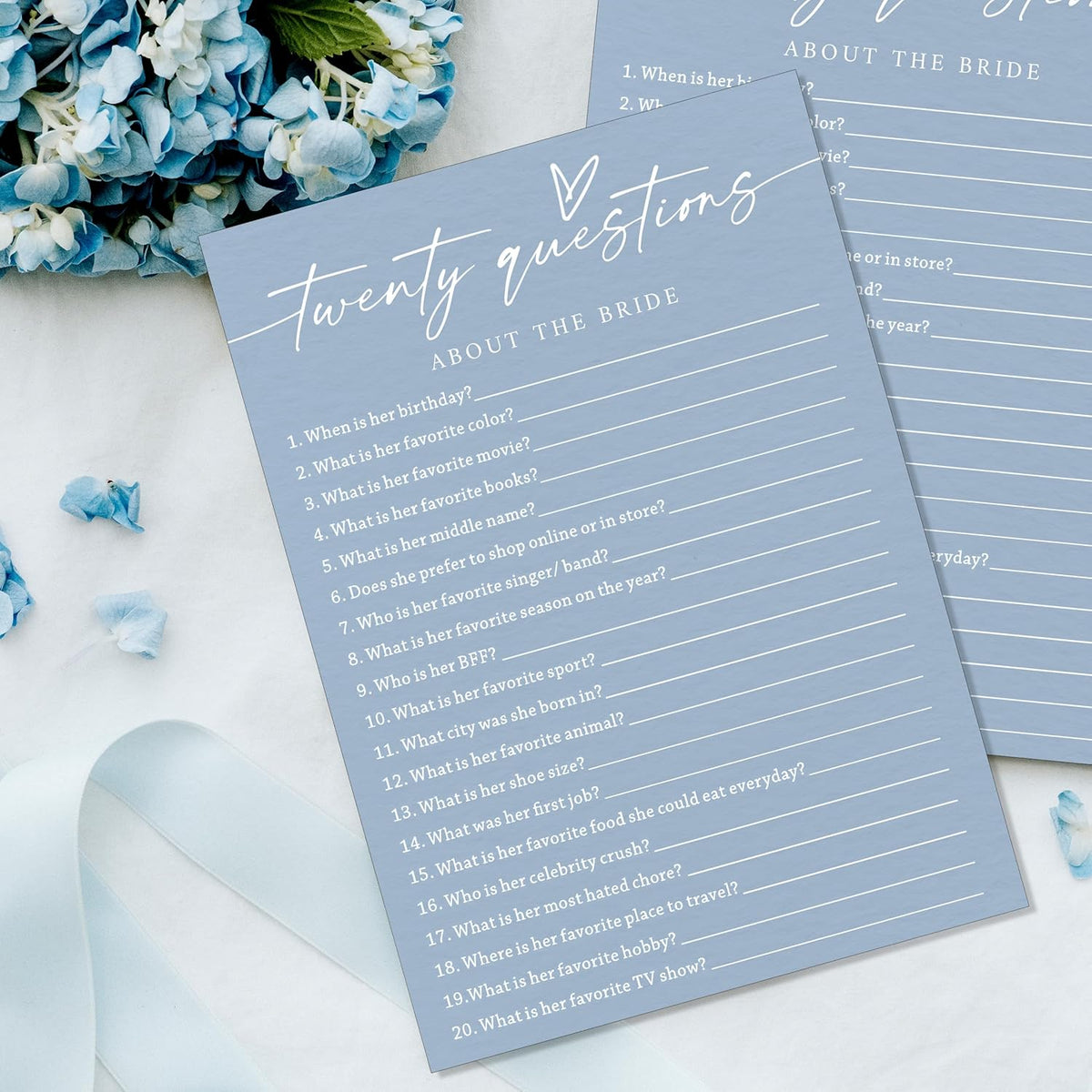 Fun Wedding Shower Games Cards, Twenty Questions About the Bride, Bridal Party Game and Favors for