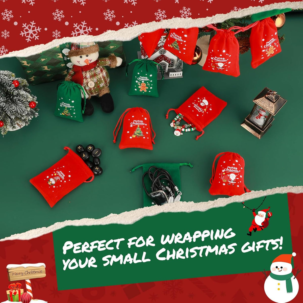 Tapleap Christmas Bags with Drawstring - 50Pcs 3x4 Red and Green Velvet Cloth for Wrapping Dice