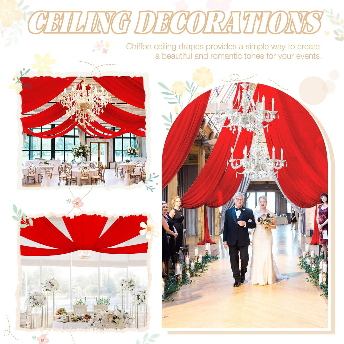 FUHSY Red Ceiling Drapes for Wedding Ceiling Drapes 5FTx20FT 2 Panels Sheer Ceiling Drapes for