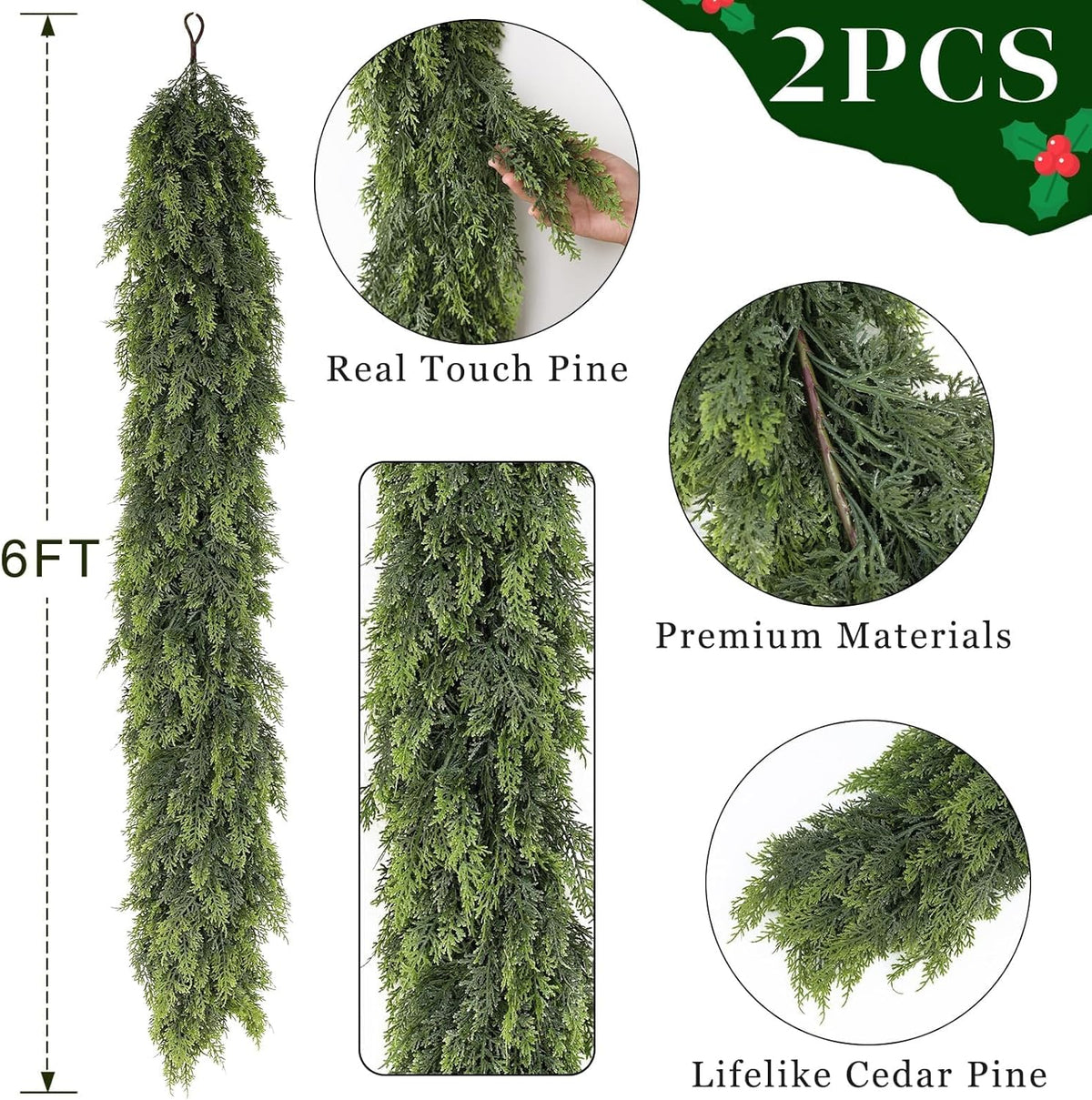 6FT Real Touch Cedar Garland - Artificial Christmas Garland Fake Green Faux Thick and Lush Pine