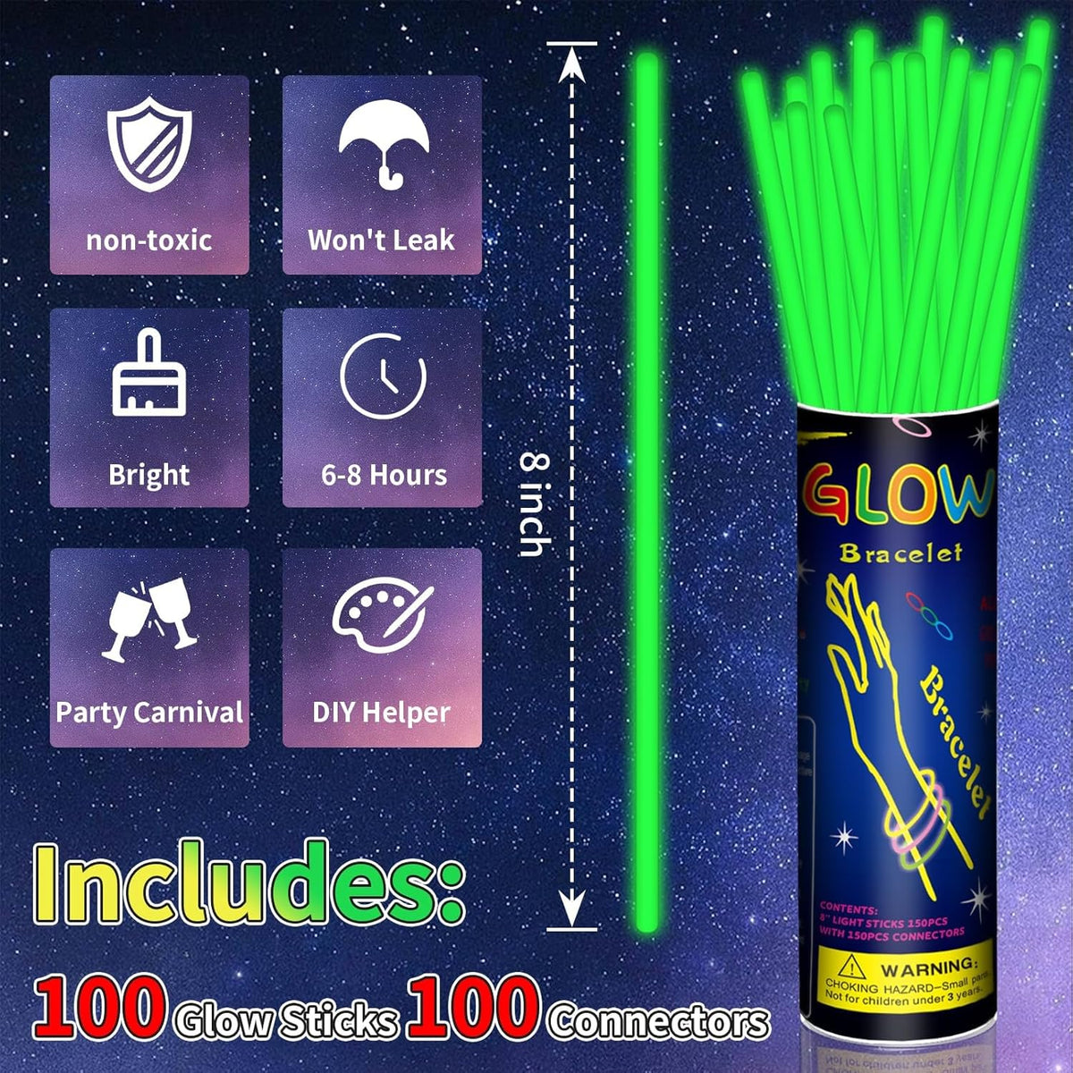 100 Pack 8” Green Glow Sticks Bulk with 100 Connectors Neon Glow In The Dark Party favors Supplies