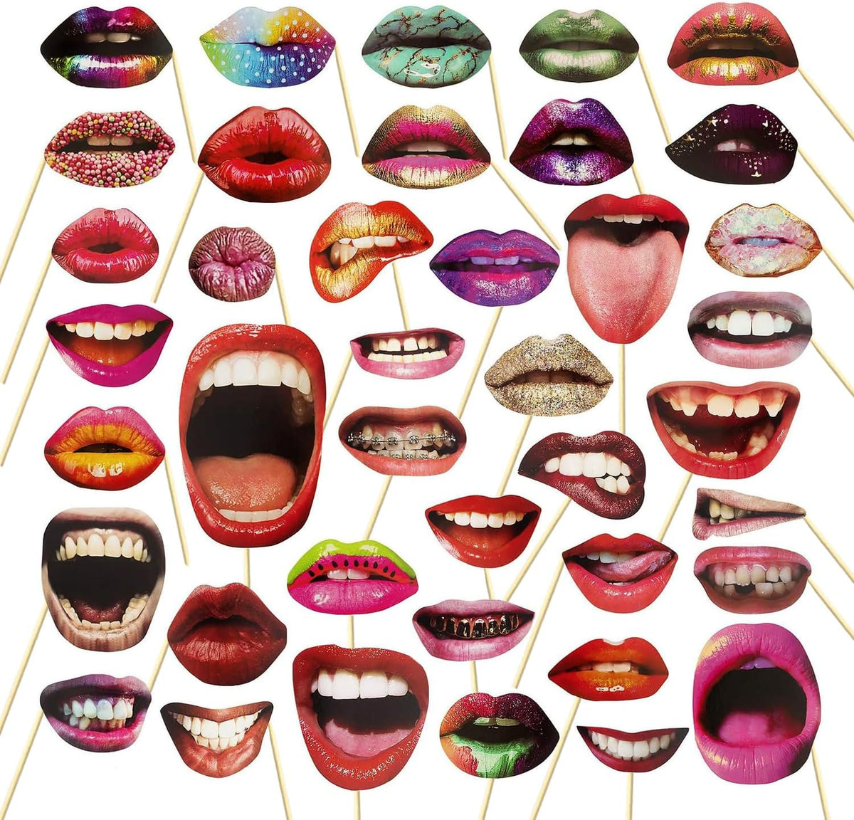 40pcs Party Photo Booth Props, Funny Lips Mouth Selfie Props Accessories with Stick for Halloween