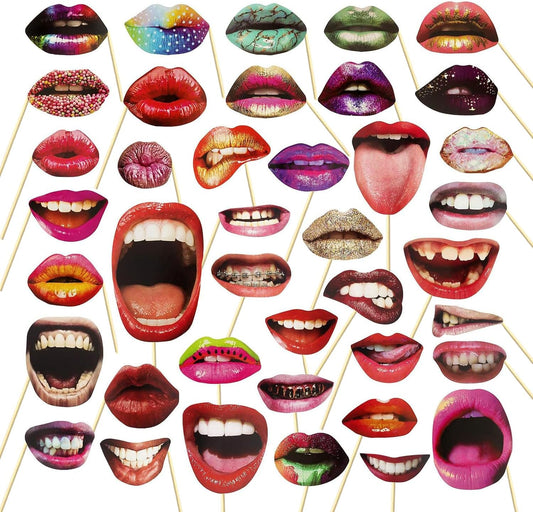 40pcs Party Photo Booth Props, Funny Lips Mouth Selfie Props Accessories with Stick for Halloween