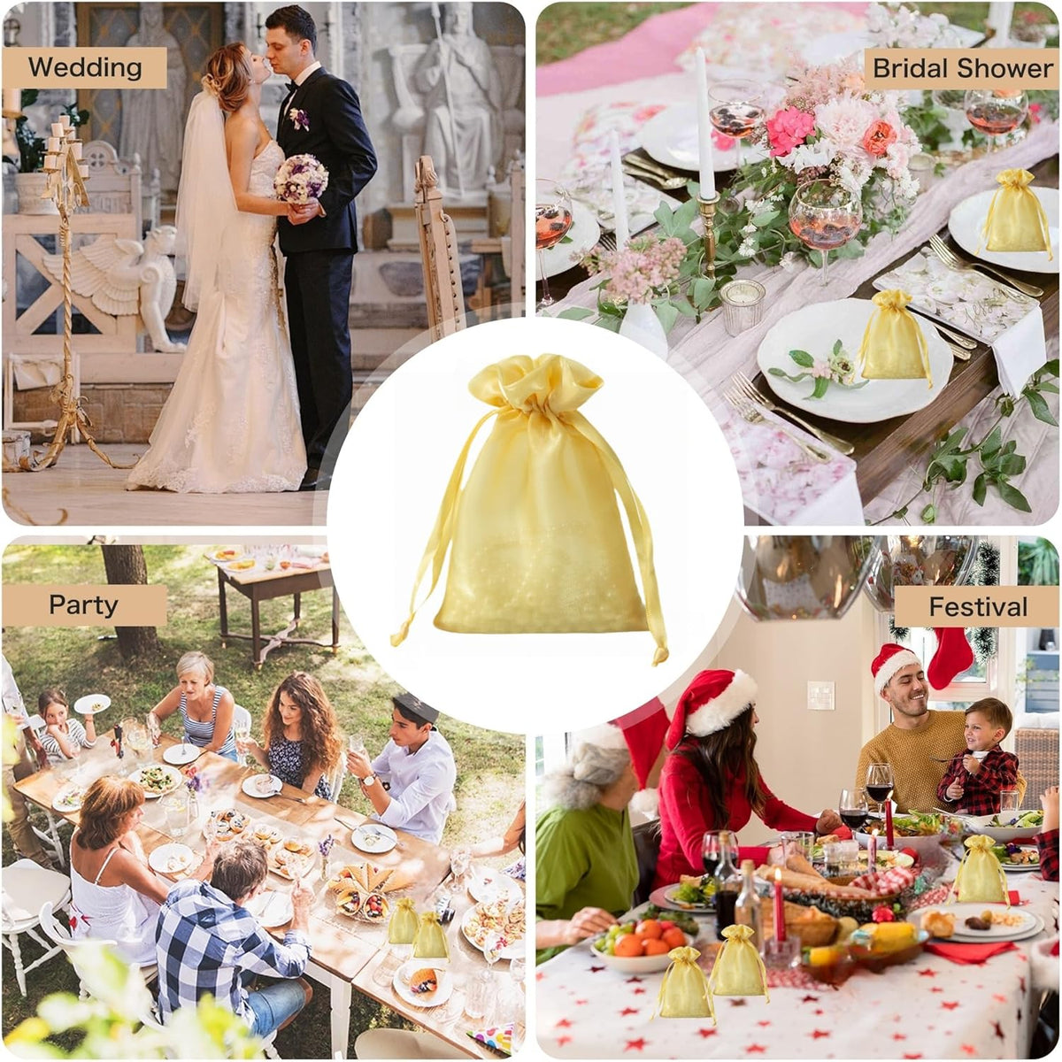 QIANF 20 Pcs Gold Small Organza Bags 3X4 inch for Wedding Favors with Drawstring, Mini Mesh Gift