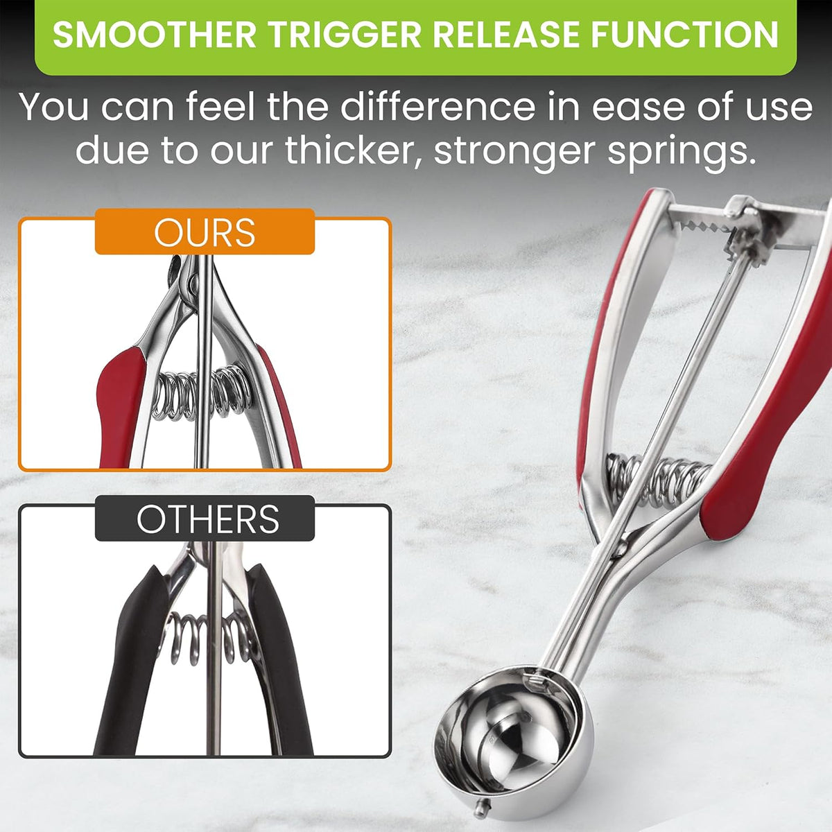 Spring Chef Red Small 1 Tbsp Stainless Steel Cookie Scoop for Baking - Multifunctional Melon Baller
