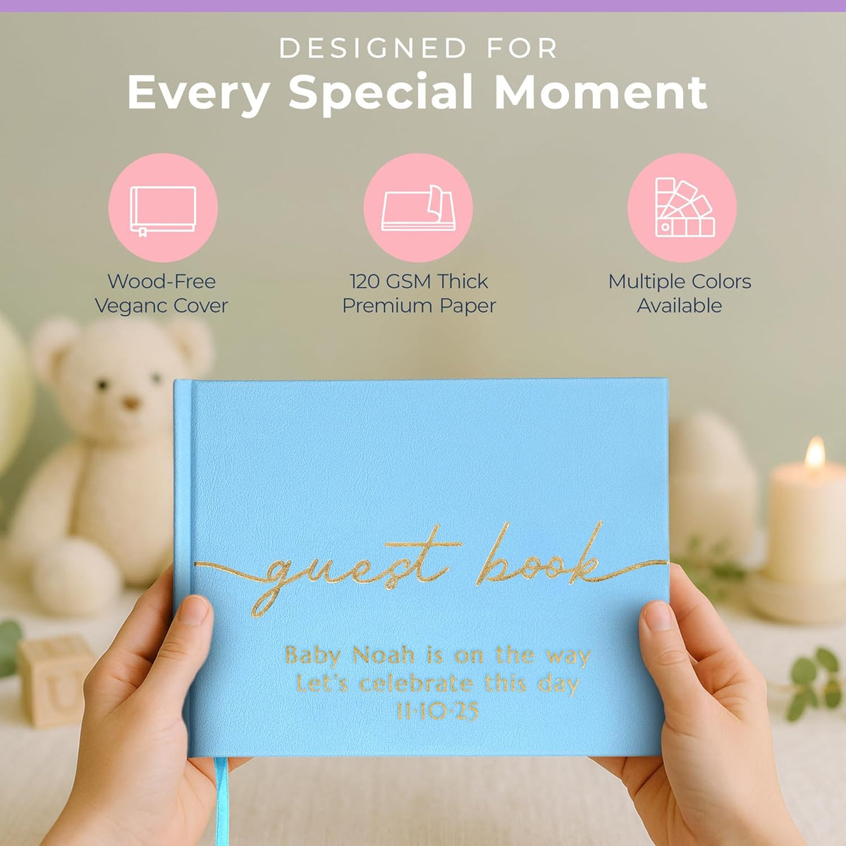 Promot Personalized Guestbook for Party (Baby Blue) - 110 Lined Pages in Wood-Free Vegan Leather