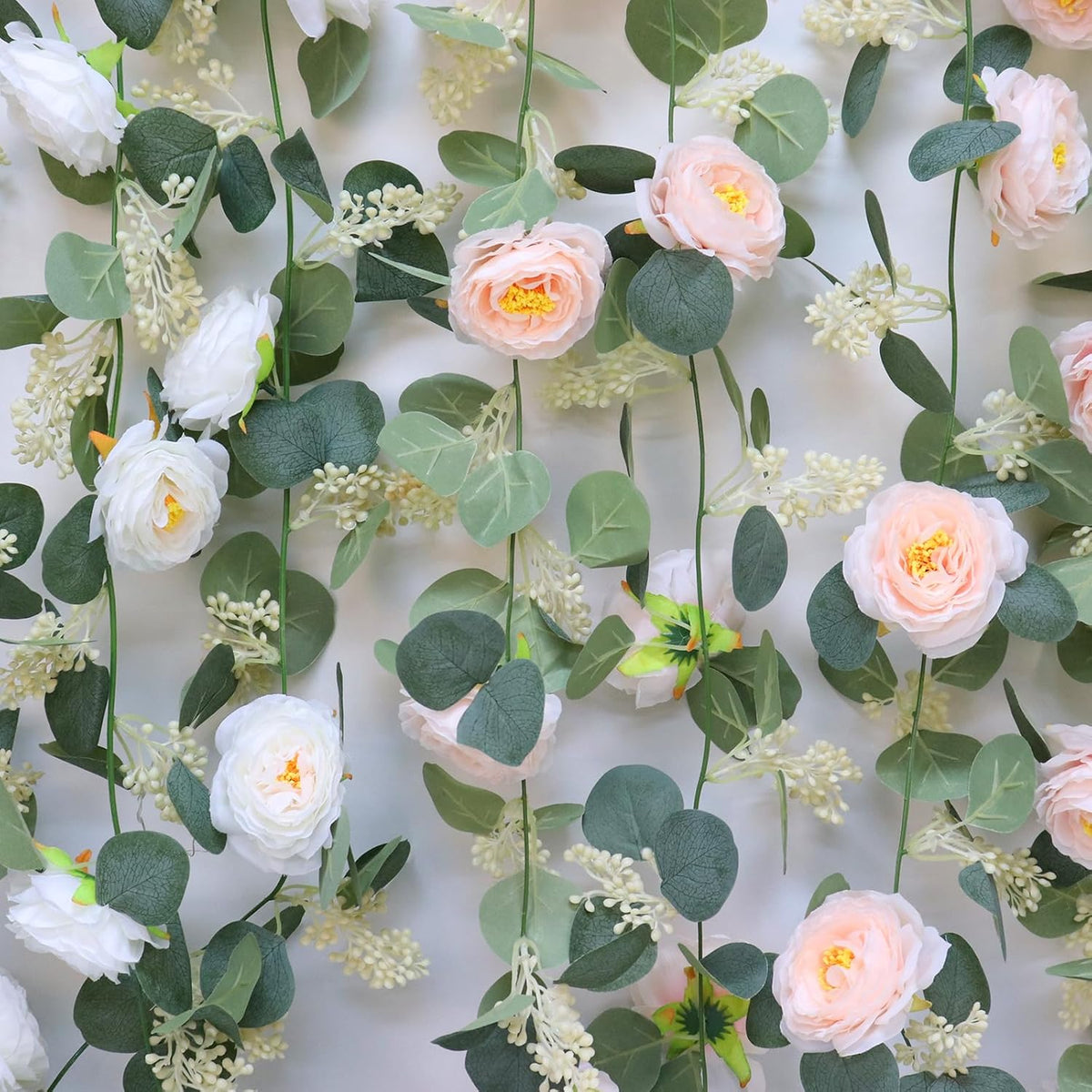 MAKHOT 2 Pcs Pink 6.6Ft Artificial Eucalyptus Flower Garland with Fake Rose Flower Vine Seeded