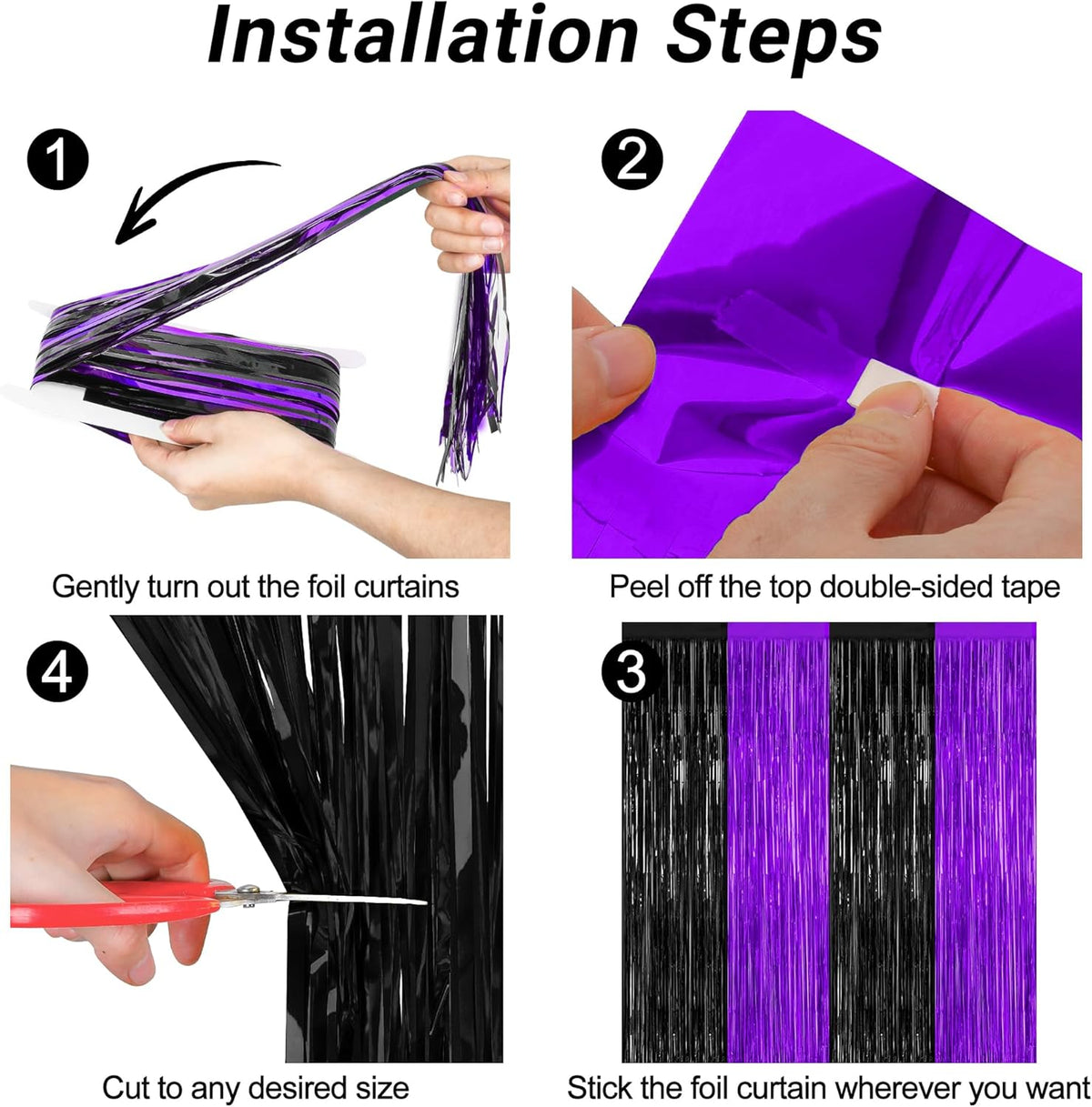 2 Pack Halloween Decor, 3.28 FT x 7.05 FT Purple and Black Foil Streamer, Metallic Fringe Curtains