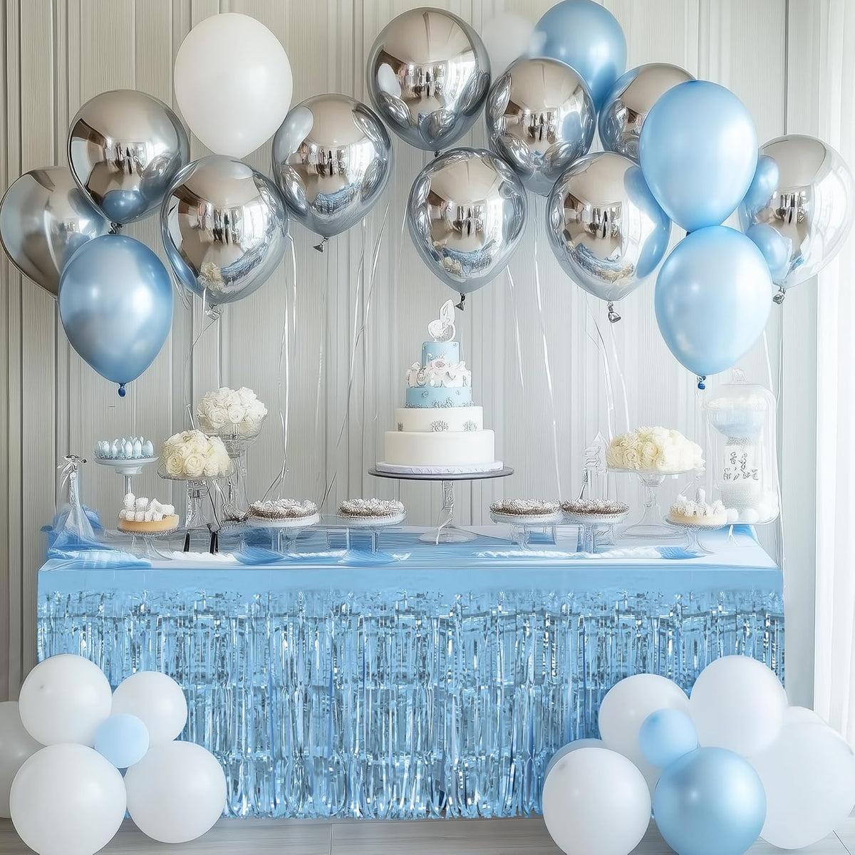 2 Pack Light Pink Light Blue Table Skirts, 29x108" Metallic Foil Tinsel Fringe Table Skirt for