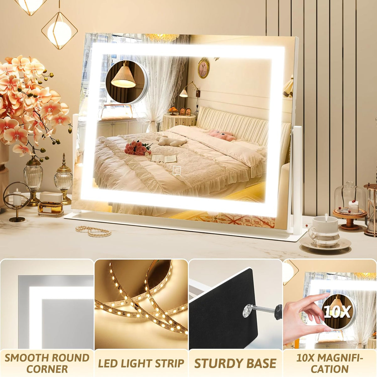 Vanity Mirror with Lights 22"x18", Lighted Makeup Mirror with 10X Magnification, Smart Touch 3