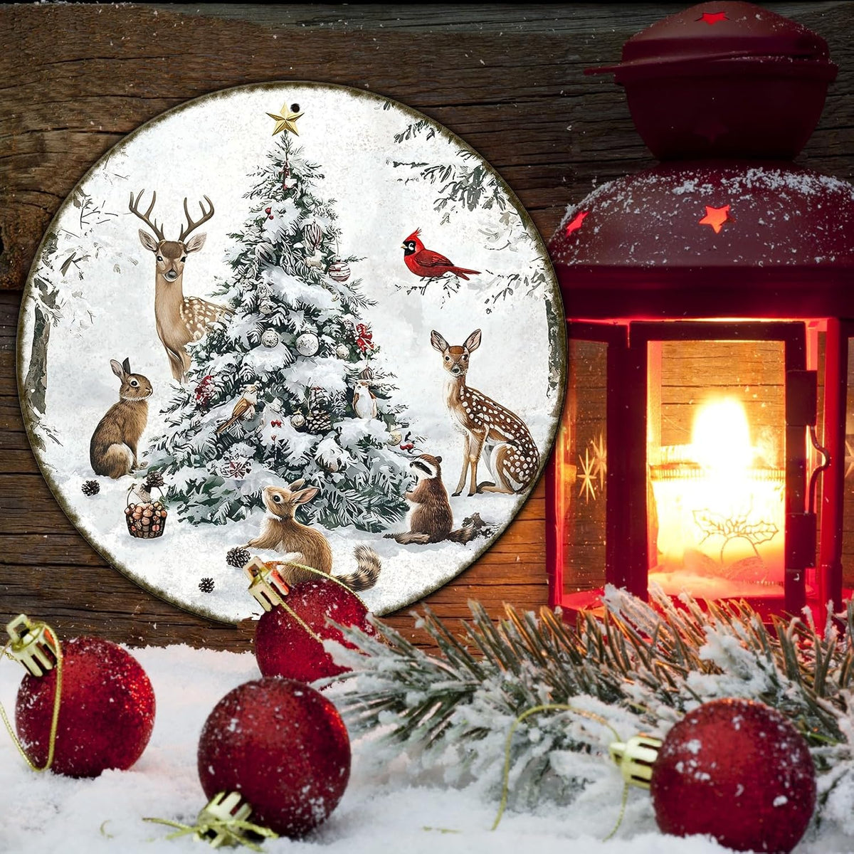 Round Christmas Snow Animals Metal Tin Sign - Vintage Christmas Tree & Winter Sign for Home &