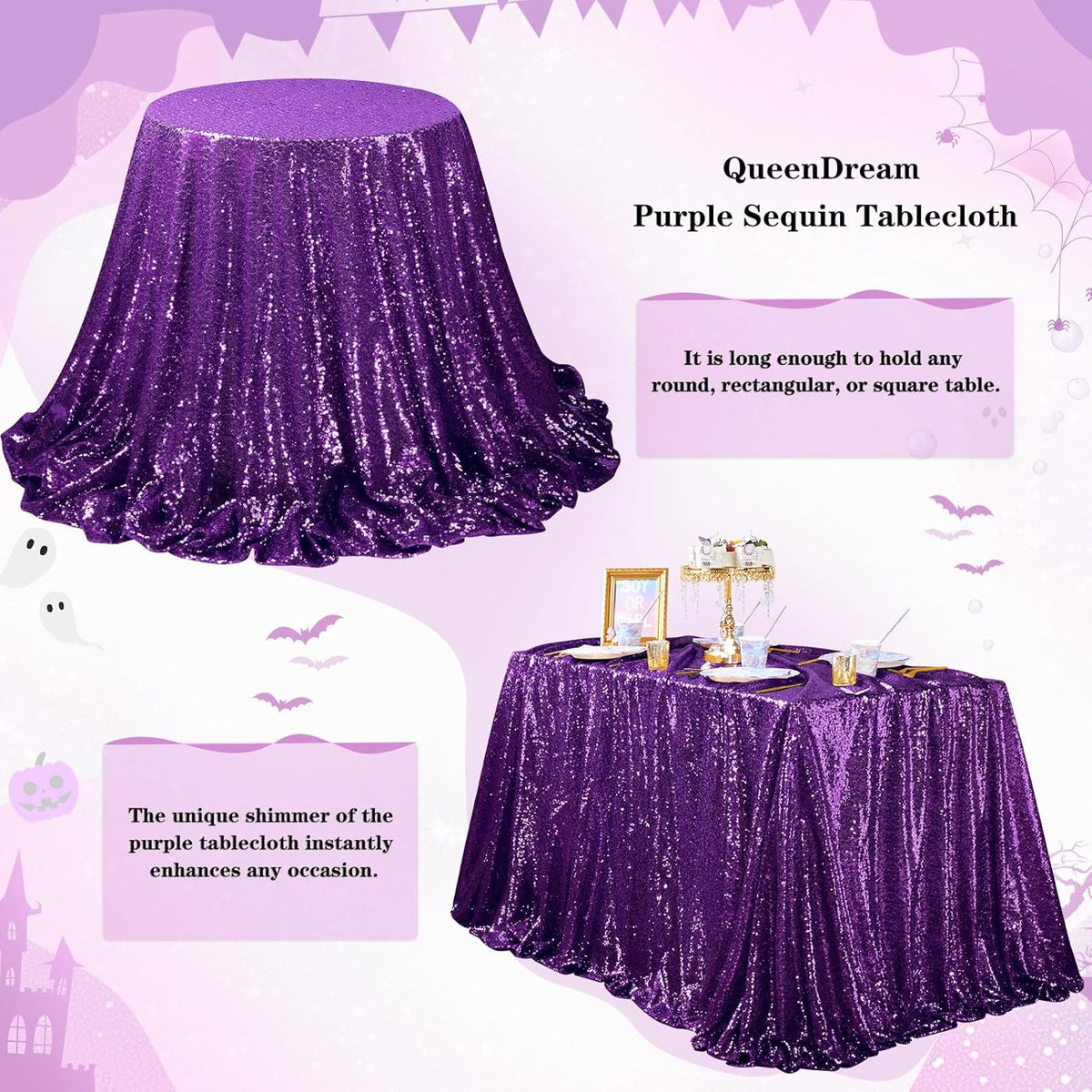 QueenDream Purple Tablecloth Sequin Fabric Table Cloths 90x90 Inch Halloween Party Decorations