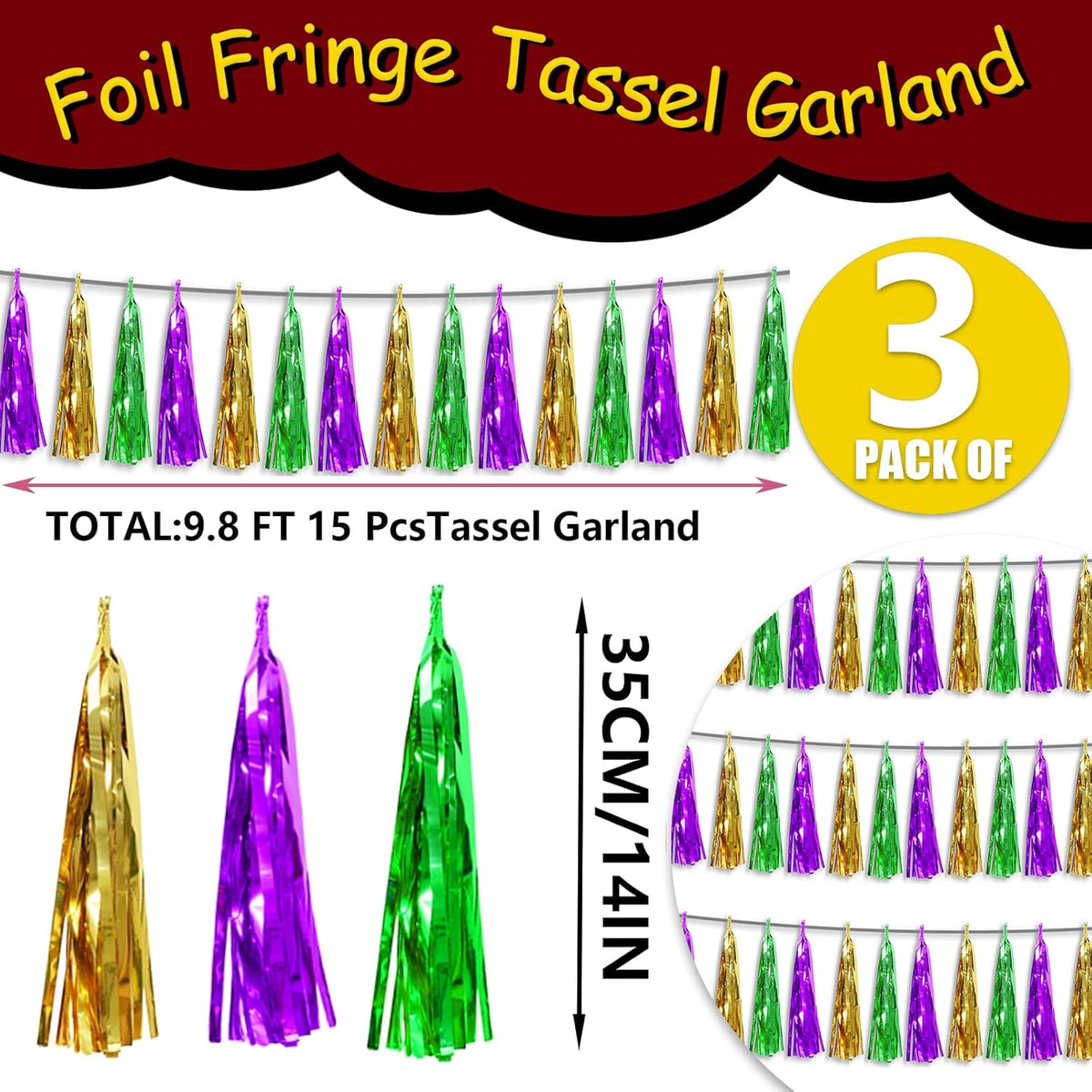 3P Metallic Fringe Tassel Banner Garland Foil Tinsel Streamer Wall Hanging Curtain Backdrop Banner