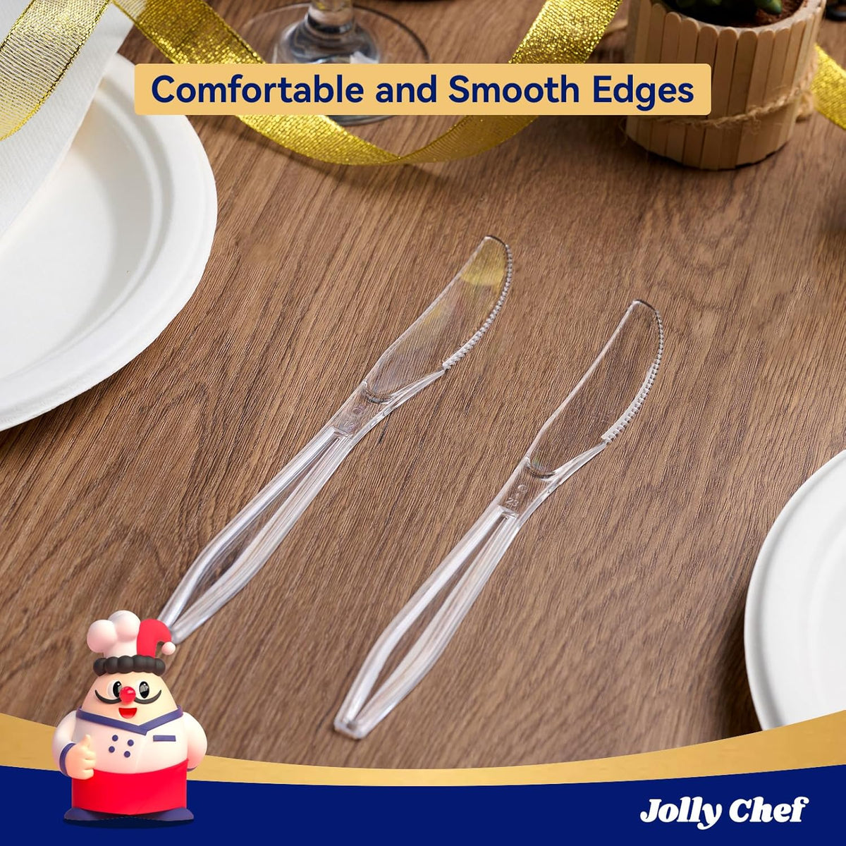 JOLLY CHEF 300 Count Clear Plastic Knives Heavy Duty, 7.7" Heat Resistant Solid and Durable Plastic