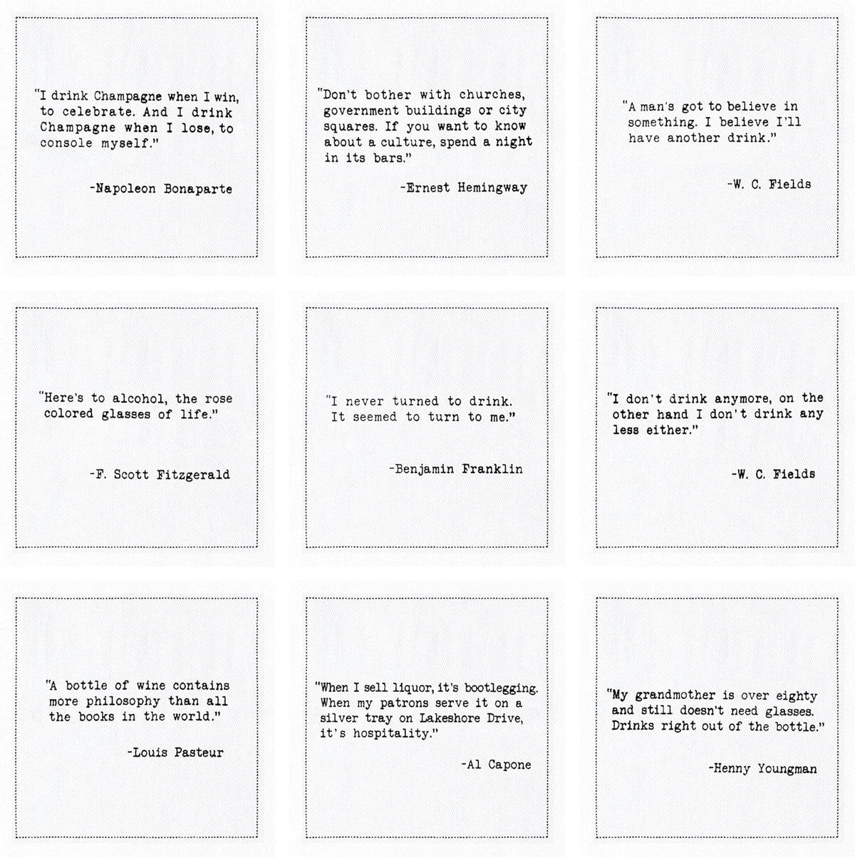 Five Star Napkins Literary Bar Quotes White Cotton Cocktail Napkins, Beverage Napkins, Bar Napkins