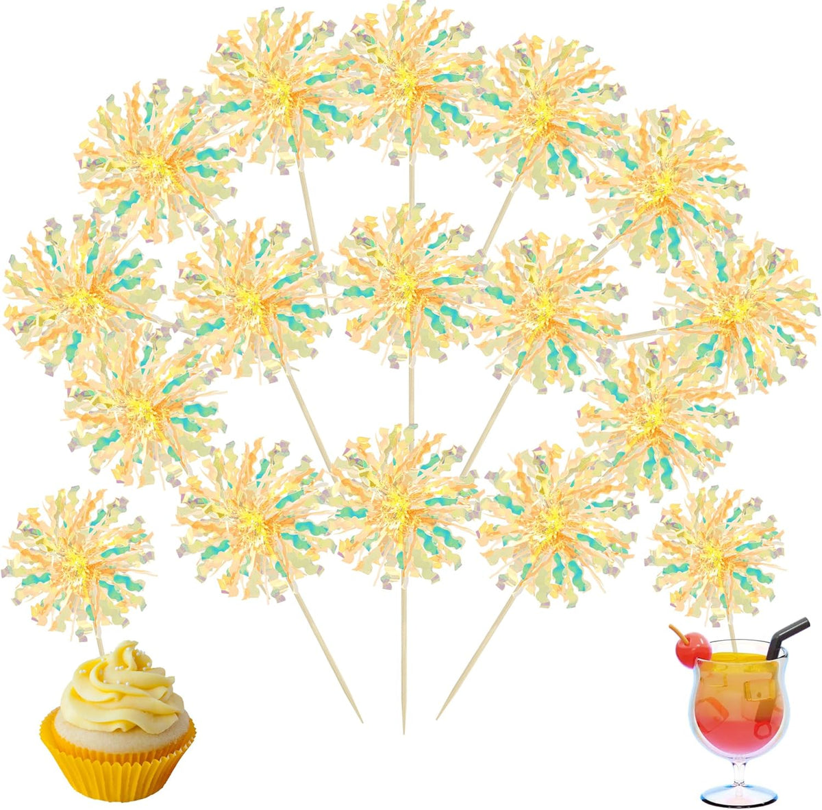 Ephlyn 30Pcs Foil Firework Cupcake Toppers Sparkle Tinsel Drink Birthday Cake Decorations Cocktail