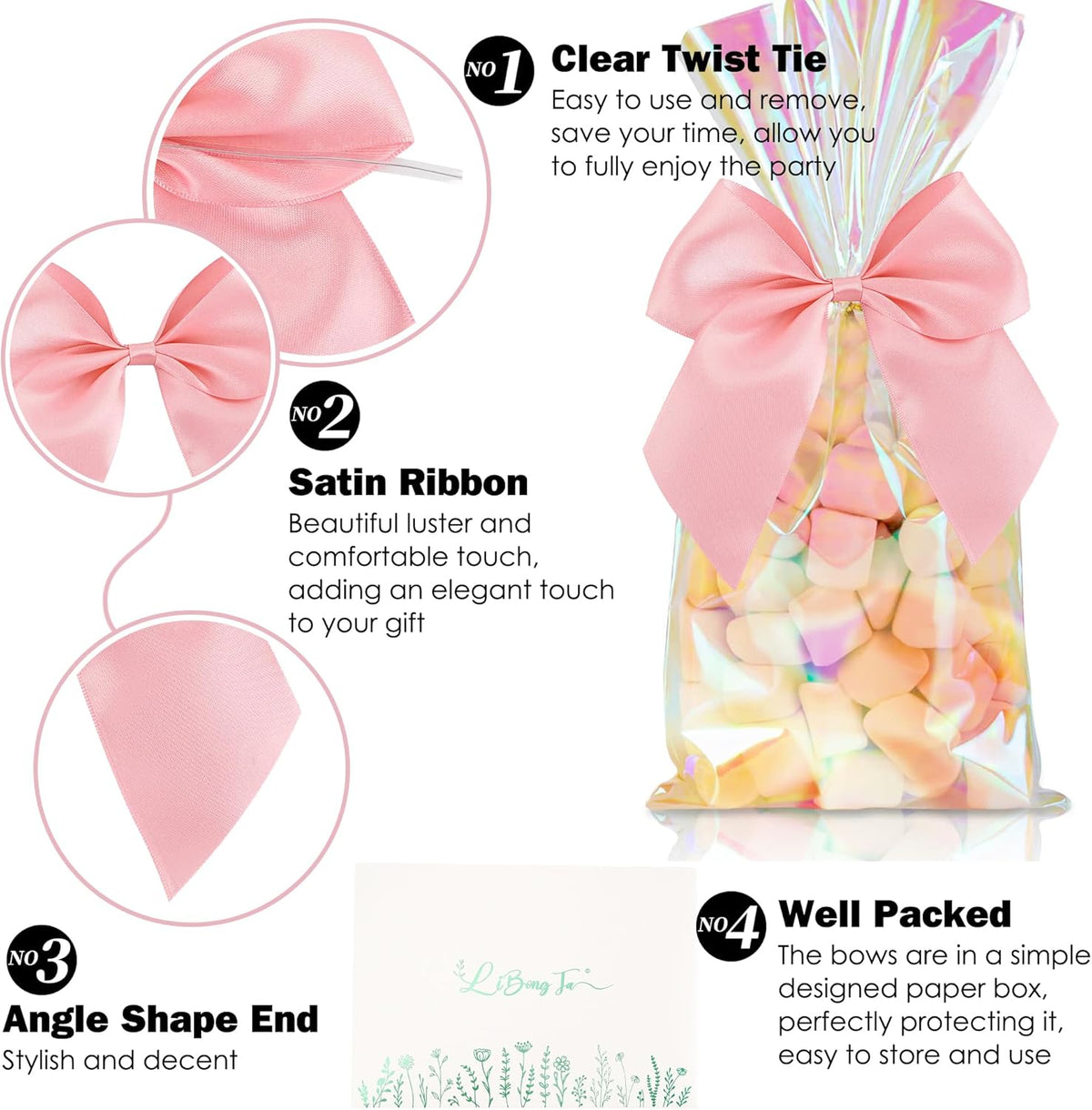 5'' Pink Bow Party Decorations Satin Bows, Twist Tie Bows for Treat Bags, Cake Pops, Pre-Tied Bow