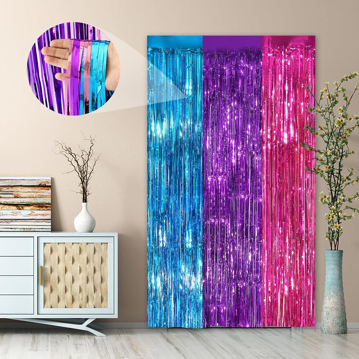 Rainbow Fringe Curtain Party Streamers 2Pack 3.3x8.3 Ft Foil Fringe Backdrop Curtains for Birthday