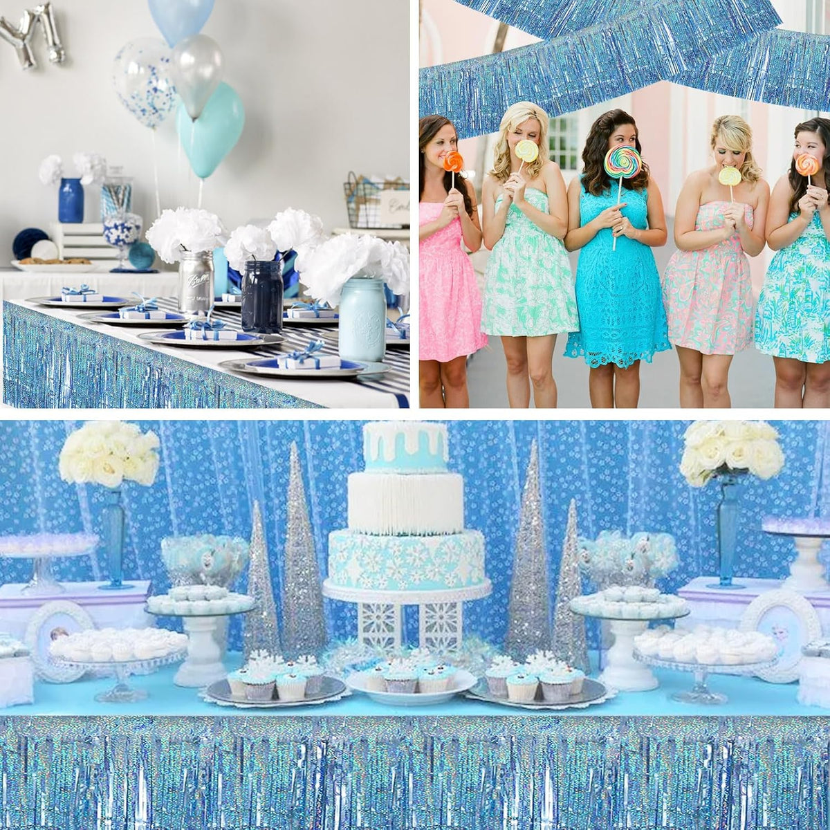 BEISHIDA 3 Packs Metallic Foil Fringe Garland Laser Light Blue Wall Hanging Tinsel Fringe Banners