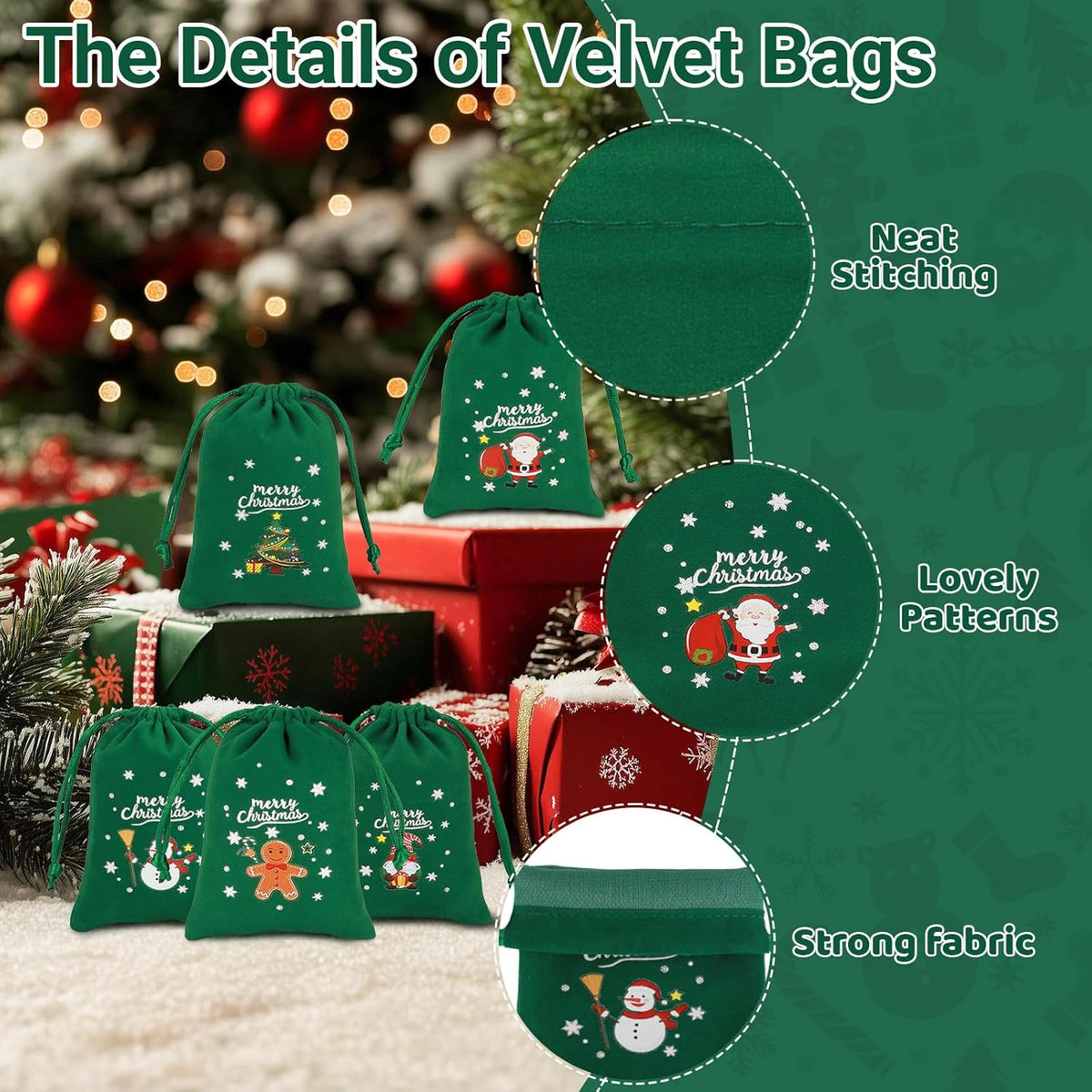 Tapleap Christmas Bags with Drawstring - 50Pcs 3x4 Green Velvet Coth for Wrapping Christmas Party