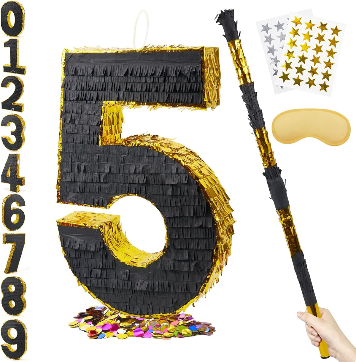 PCFING 20 Inch Number 5 Piñata Gold Black with 30 Inch Piñata Stick Blindfold Confetti for Man