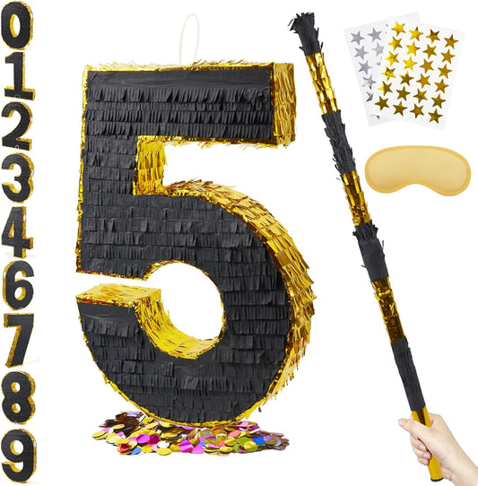 PCFING 20 Inch Number 5 Piñata Gold Black with 30 Inch Piñata Stick Blindfold Confetti for Man