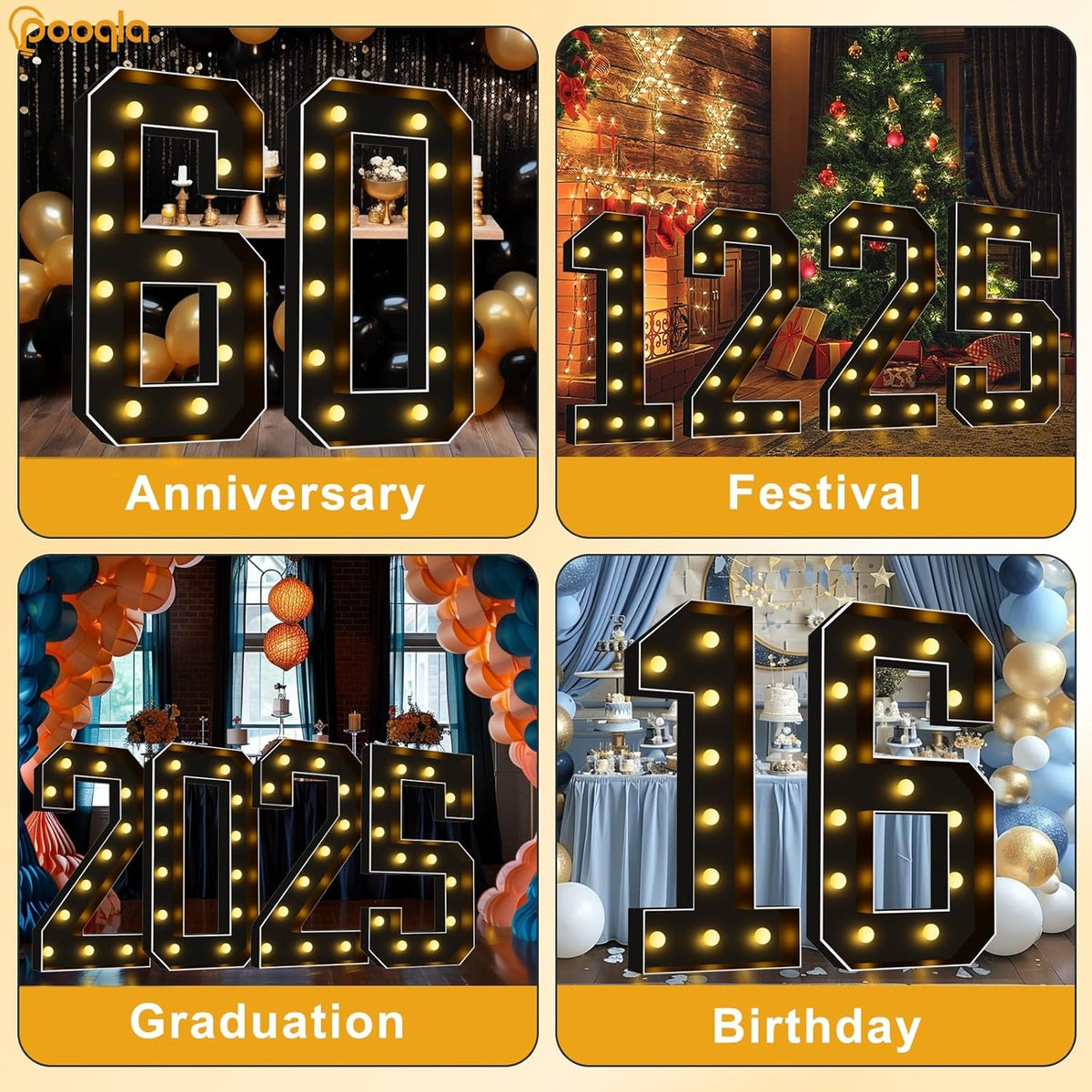 Pooqla 4 FT Light Up Marquee Numbers, Black Marquee Number Lights 4 Feet Tall for 6th 16th 60th