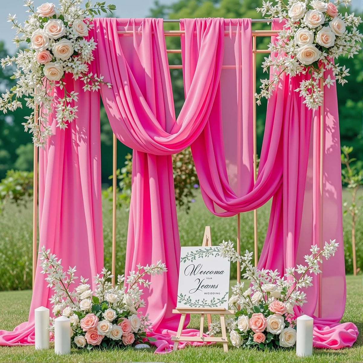 Wedding Arch Draping Fabric,2 Panels 18FT Hot Pink Sheer Chiffon Curtain Drapes 6 Yards for Wedding