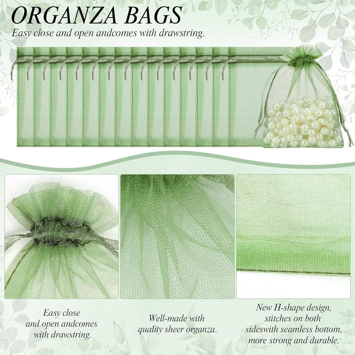 120PCS Sage Green Small Drawstring Bags 3.5x4.7 Inch Organza Bags Mini Mesh Gift Jewelry Pouches