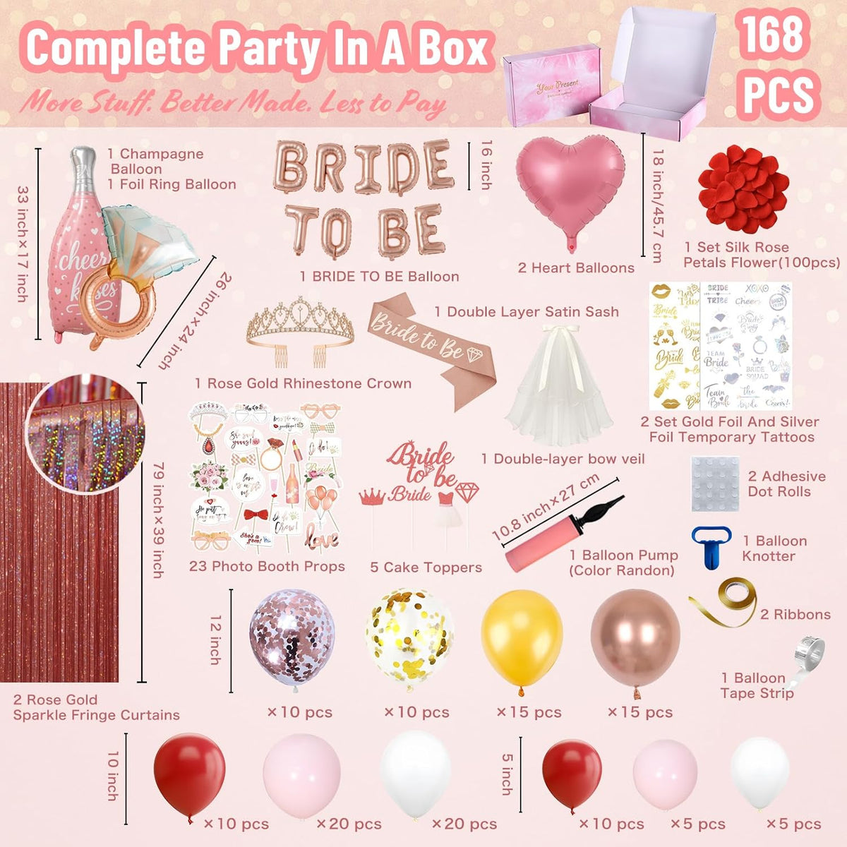 168PCS Bridal Shower Decorations Kit – Rose Gold Bachelorette Party Supplies with Bride To Be Foil