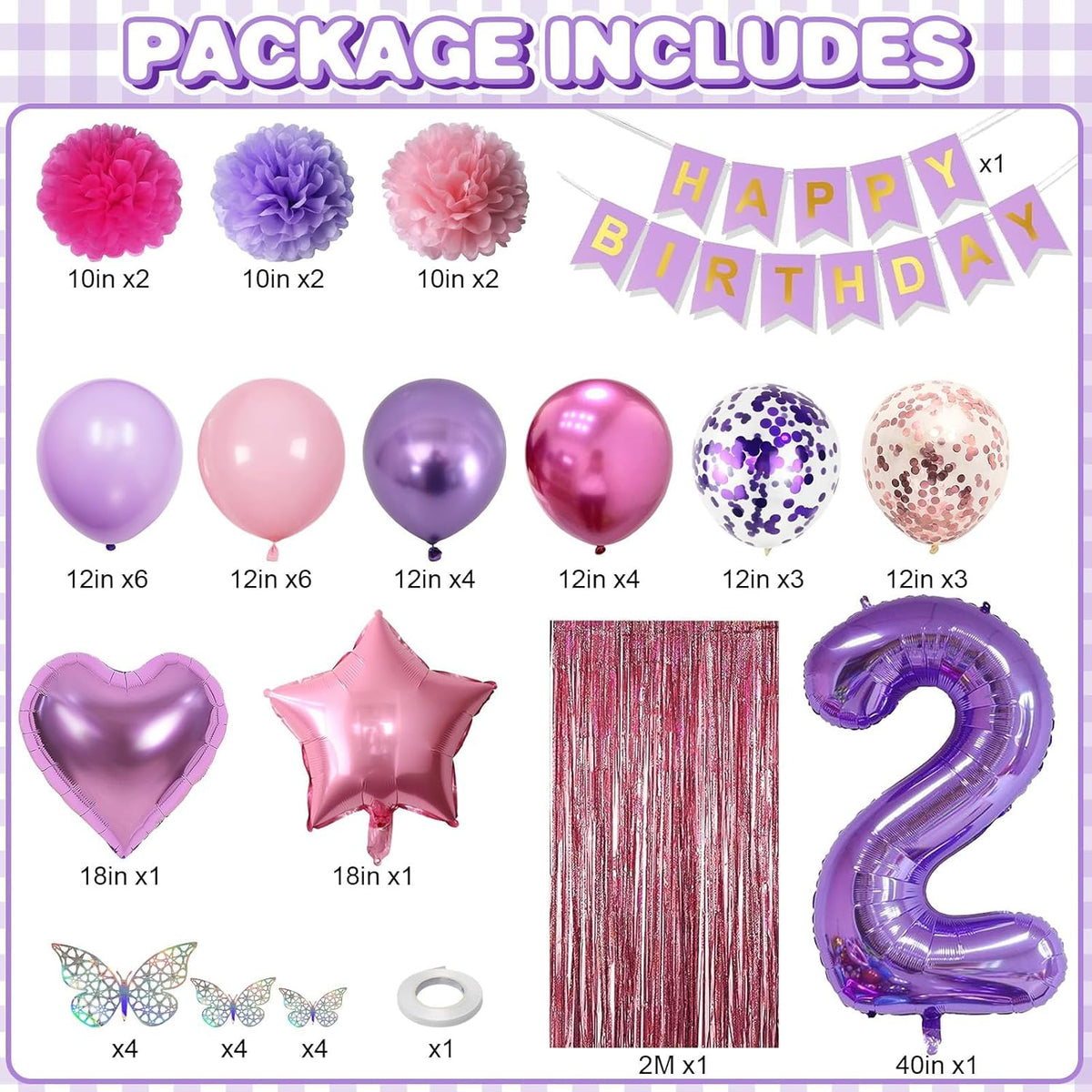 Pink Purple 2nd Birthday Party Decorations for Girls Number 2 Balloon Happy Birthday Banner