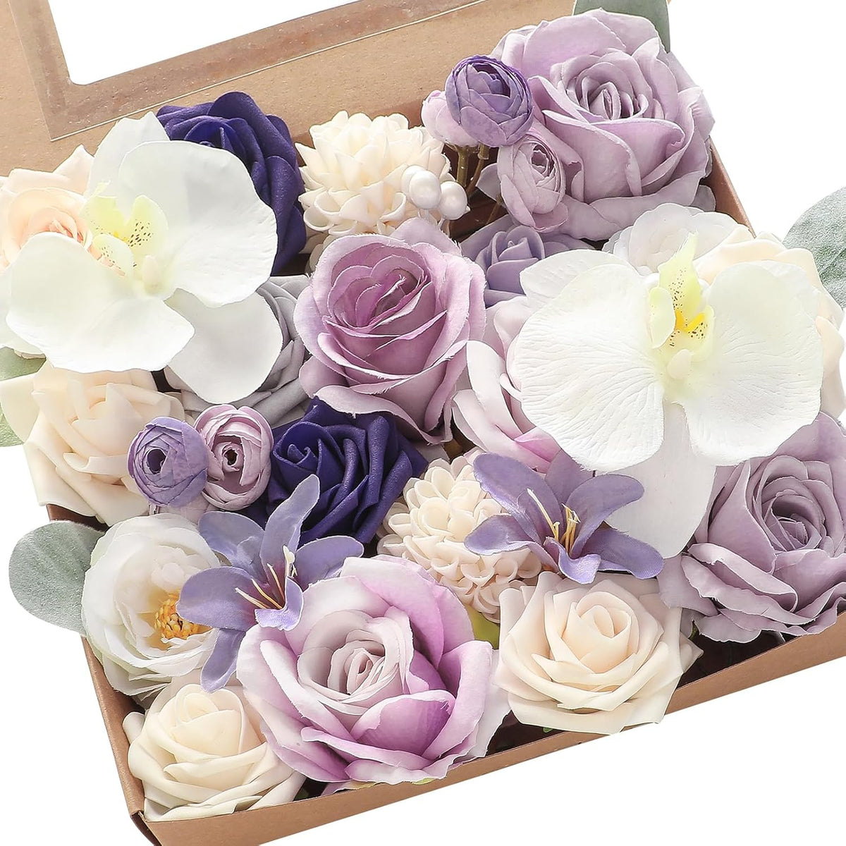 Floroom Lilac Lavender Purple Cream Artificial Flowers Fake Roses Dahlias and Greenery Combo Box