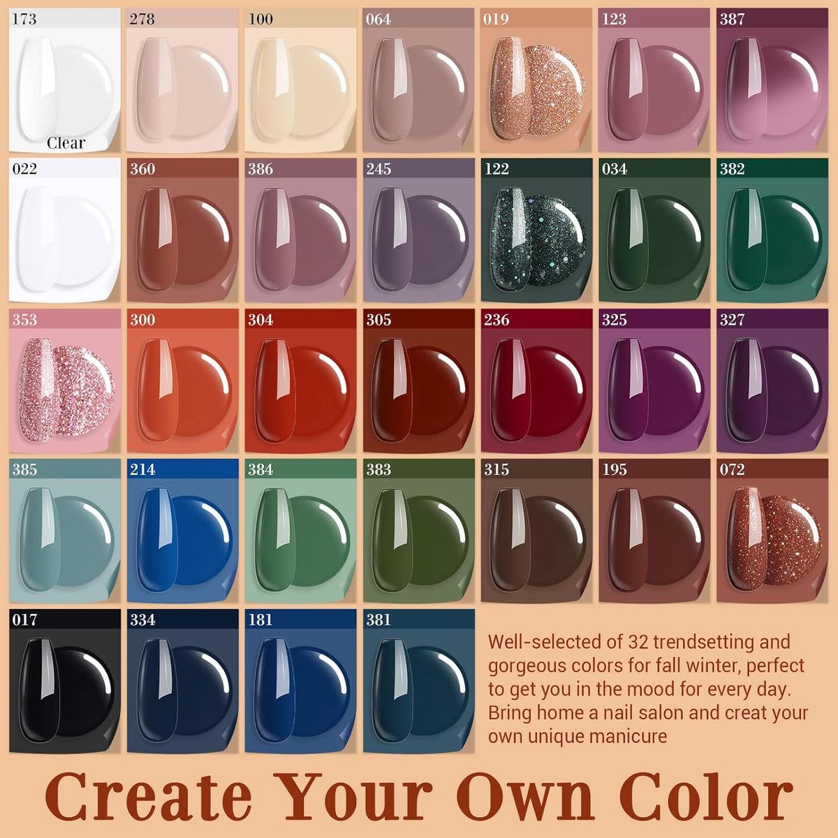 AZUREBEAUTY 42Pcs Dip Powder Nail Kit Starter, 32 Colors Fall Set Green Nude Brown Blue Dipping