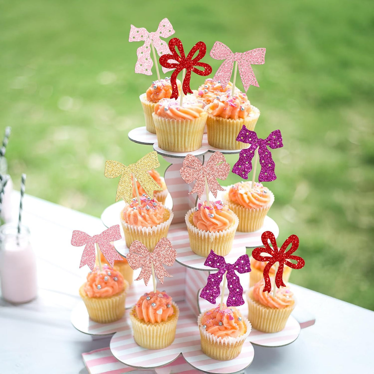 Ephlyn 24Pcs Bow Cupcake Toppers Bow Birthday Cake Topper Girls Birthday Party Decorations Bowknot