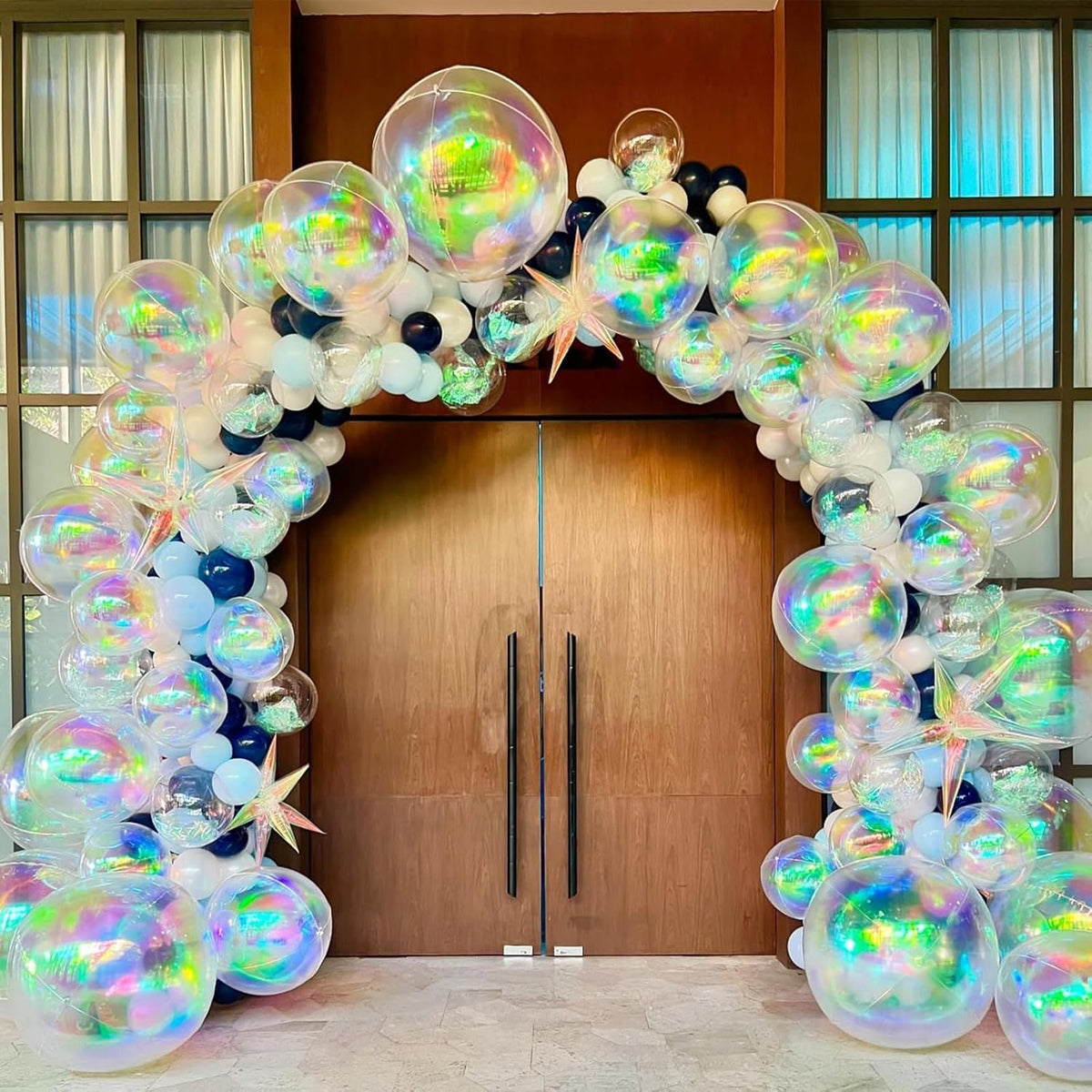 6Pcs Iridescent Foil Balloons,22Inch Clear 4D Round Ball Balloon and Explosion Star Balloon for
