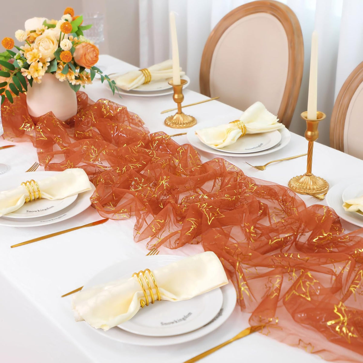 Snowkingdom Terracotta Gold Table Runner 10Ft, Gold Maple Leaves Burnt Orange Gauze Chiffon Runners