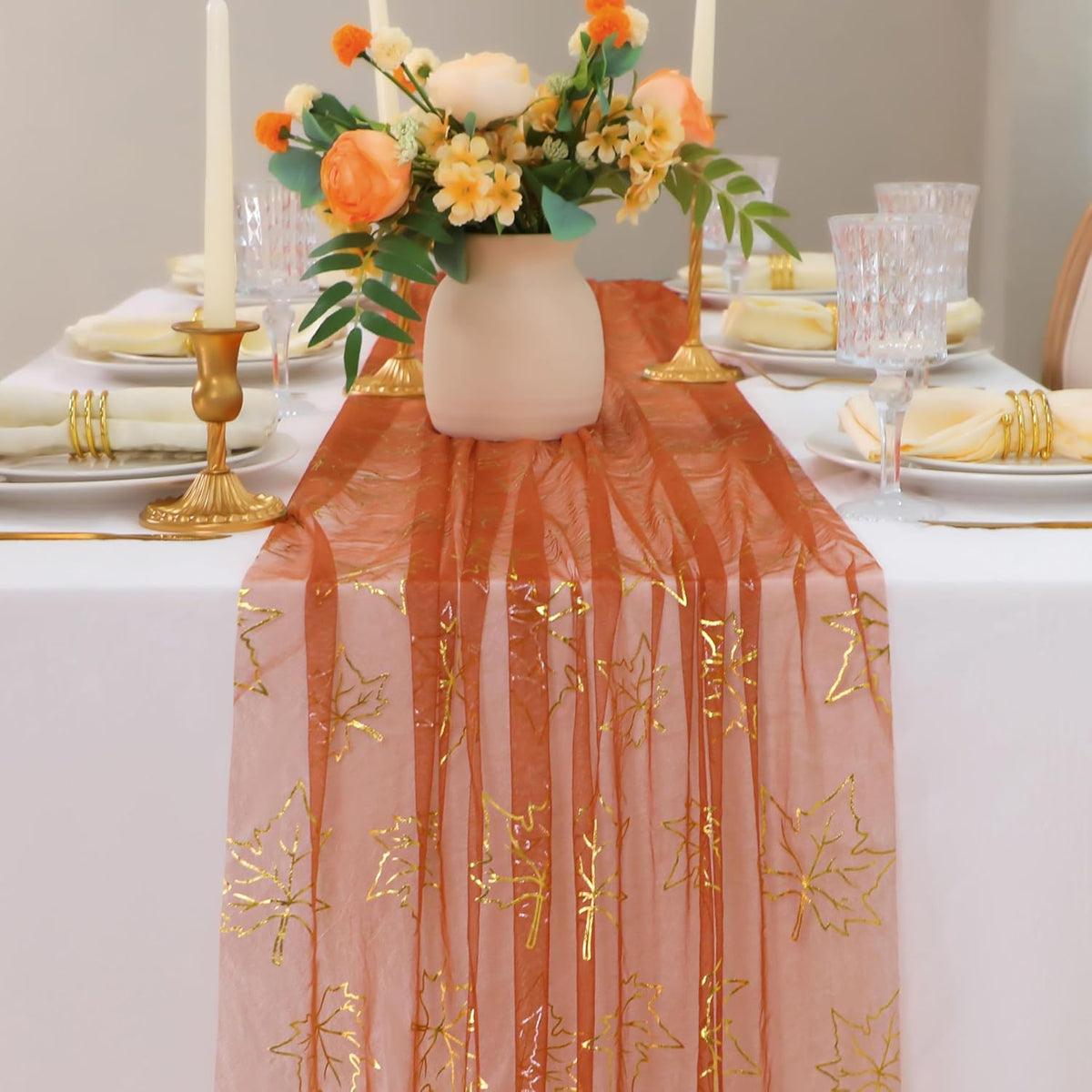 Snowkingdom Terracotta Gold Table Runner 10Ft, Gold Maple Leaves Burnt Orange Gauze Chiffon Runners