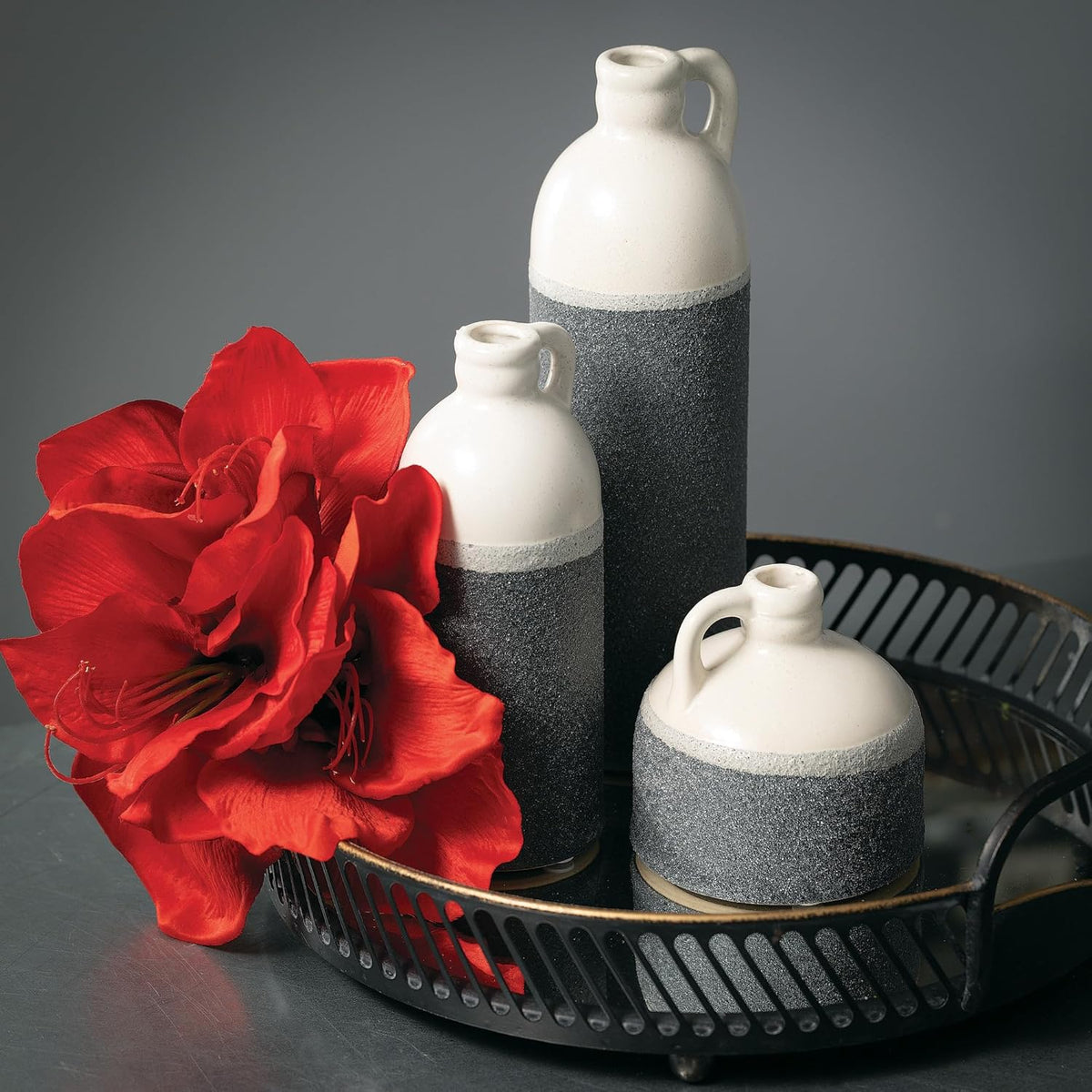 Sullivans Jug Vase Set, Two Tone White and Grey Texture Farmhouse Decor for Your Kitchen, Bedroom