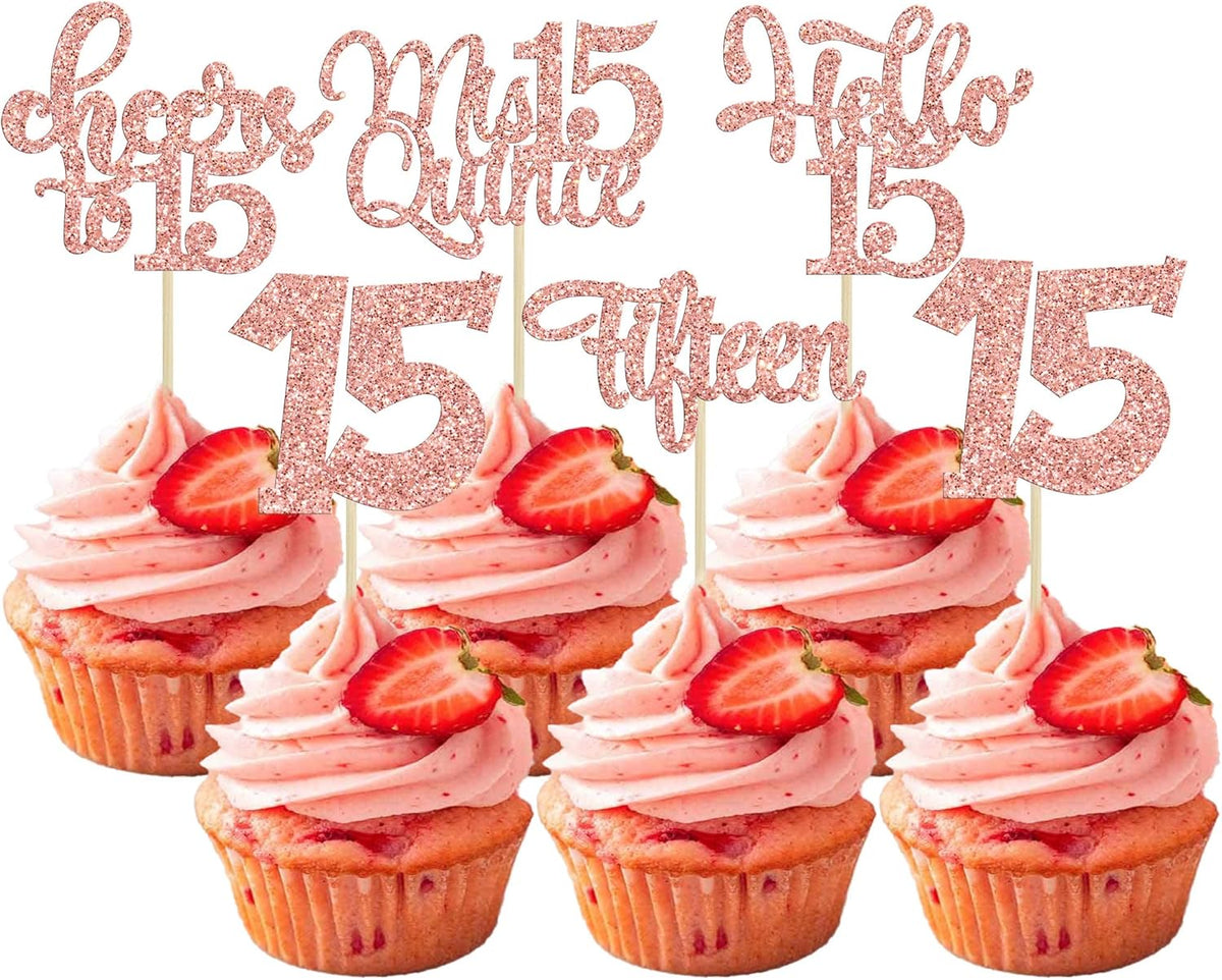 30Pcs 15th Birthday Cupcake Toppers Fifteen Cupcake Picks Cheers to 15 Years Old Mis Quince 15 Cake