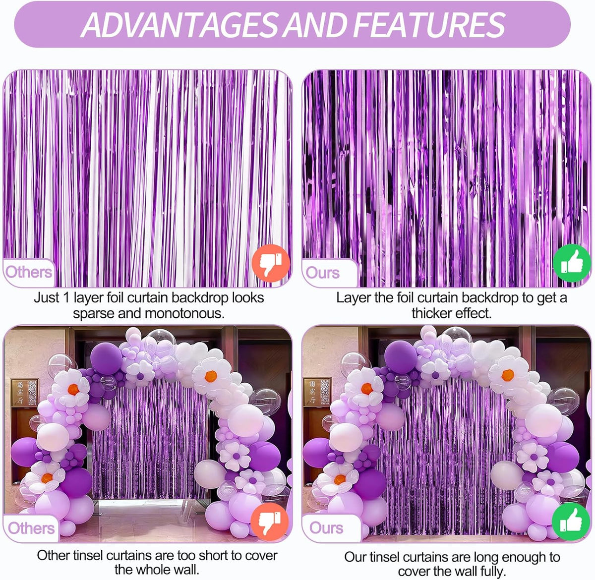 2 Pack Purple Foil Fringe Curtains Door Streamers Party Decorations 3.3 x 8.2 ft, Tinsel Curtain