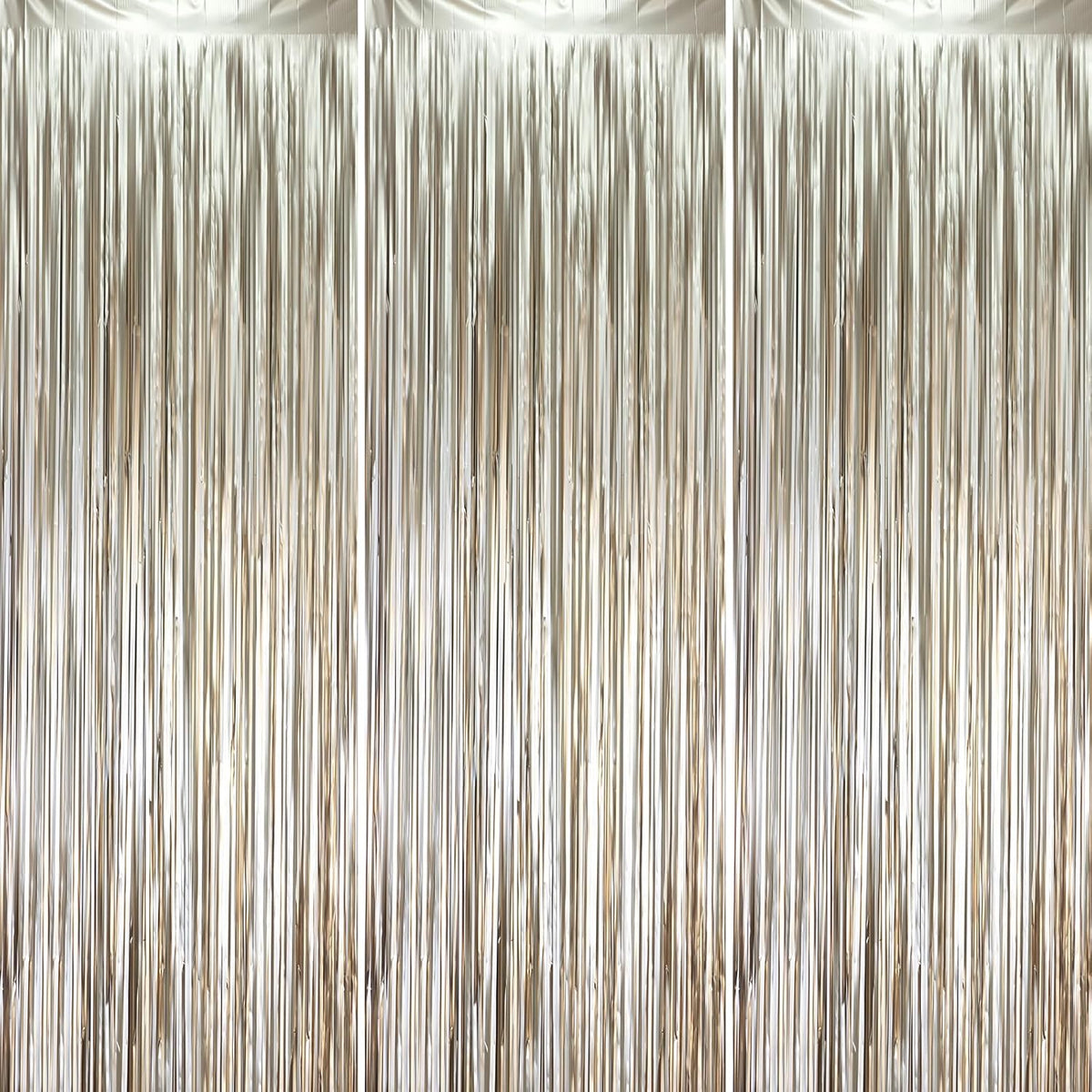 3 Pack 3.3 x 8.2 ft Matte Champagne Foil Fringe Backdrop Curtains, Gold Tinsel Streamers Party