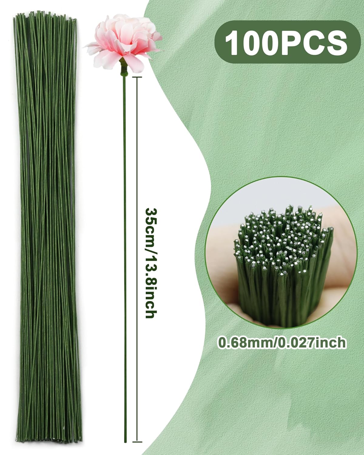 100 PCS 18 Gauge Green Floral Wire Stems for Artificial Flower Making,Flexible Paddle Wires for