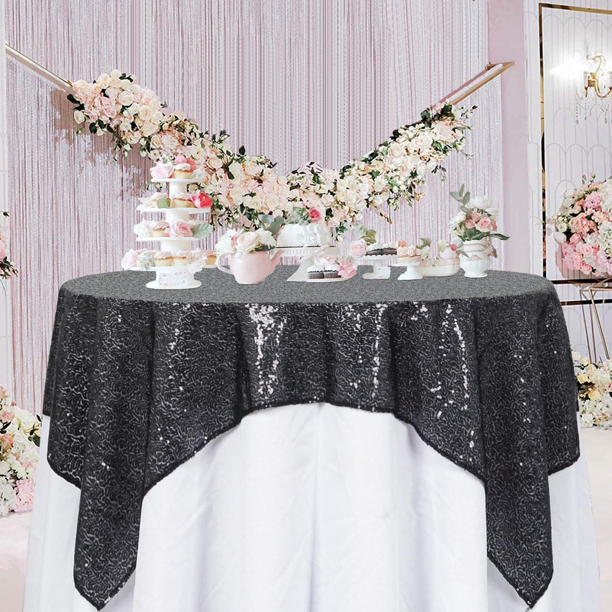 ShinyBeauty Black Tablecloths 36X36 Inch 2 Pieces Sequin Table Cloth for Party Sparkle Table Cloths
